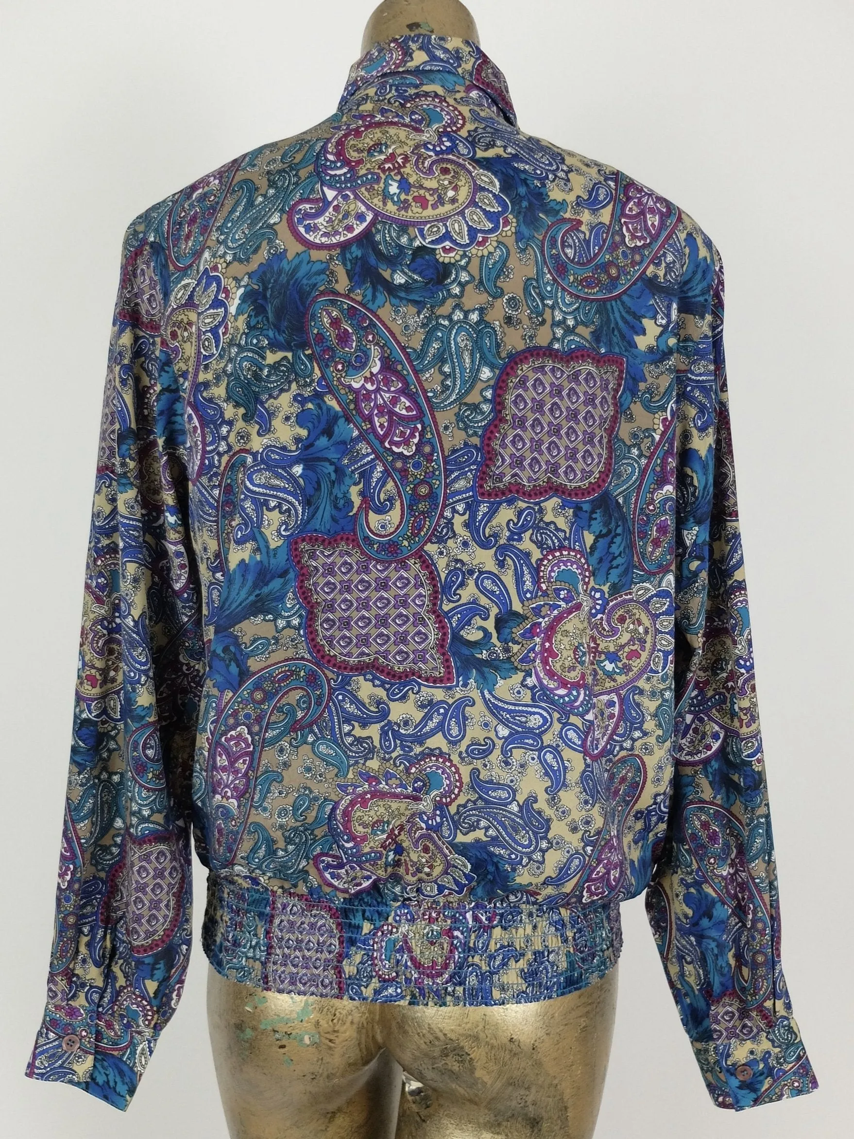 80s Psychedelic Abstract Paisley Print Long Sleeve Collared Button Up Blouse with Padded Shoulders and Elasticated Waist