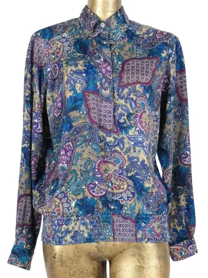 80s Psychedelic Abstract Paisley Print Long Sleeve Collared Button Up Blouse with Padded Shoulders and Elasticated Waist