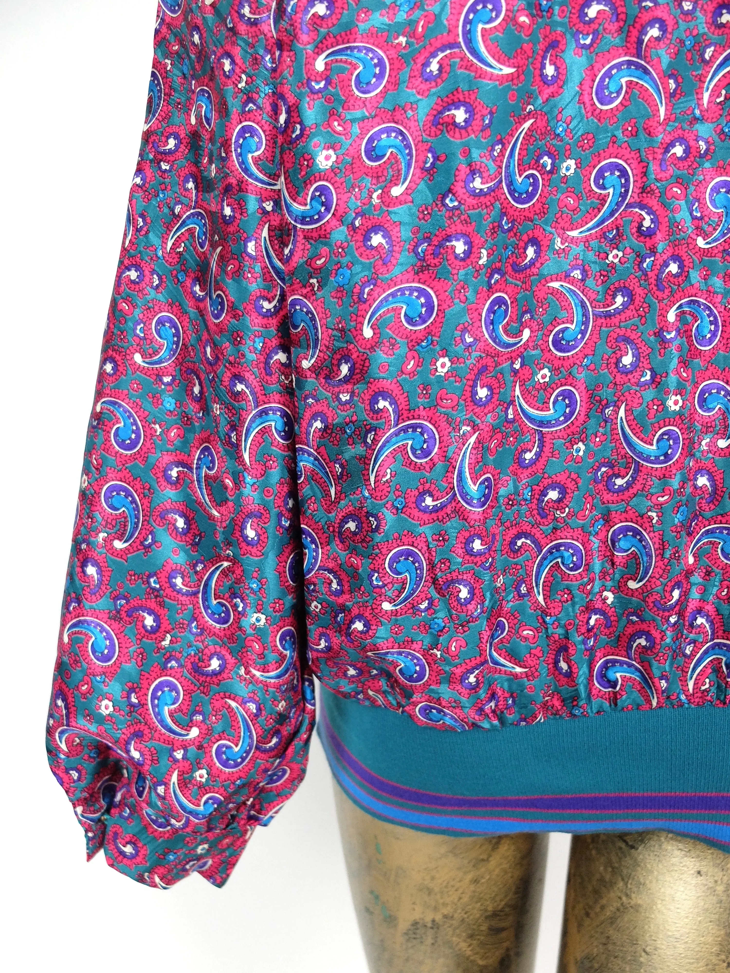 80s Psychedelic Paisley Abstract Long Sleeve Button Up Blouse with Elasticated Waist