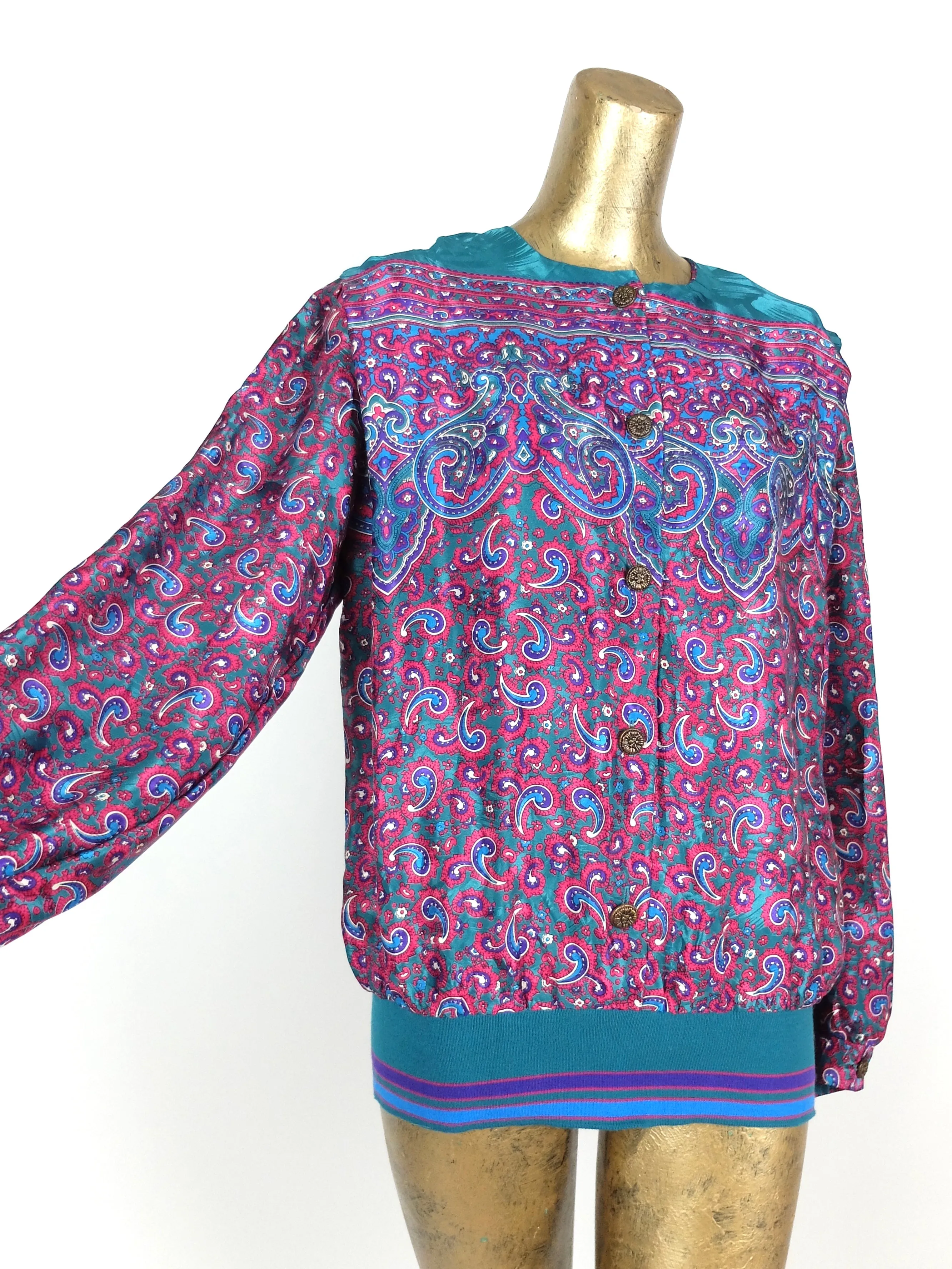 80s Psychedelic Paisley Abstract Long Sleeve Button Up Blouse with Elasticated Waist