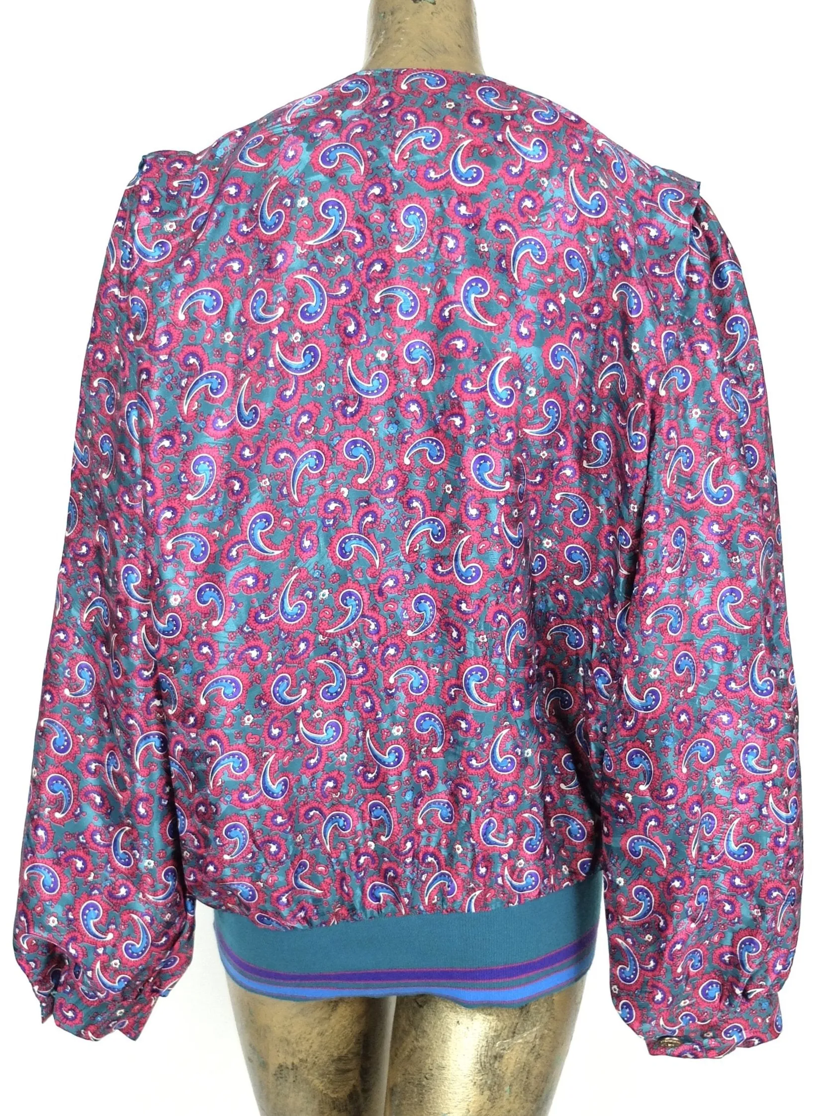 80s Psychedelic Paisley Abstract Long Sleeve Button Up Blouse with Elasticated Waist