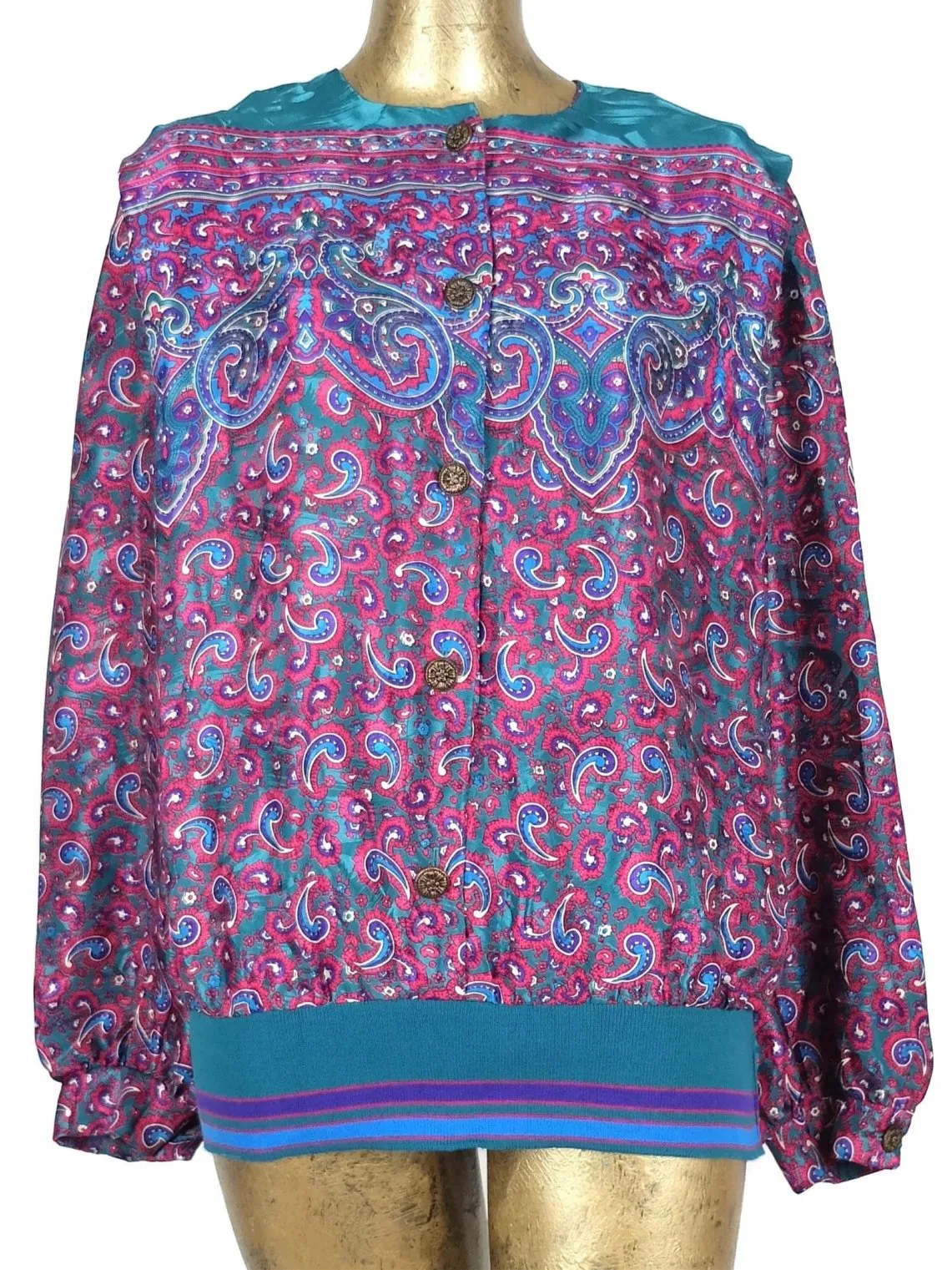 80s Psychedelic Paisley Abstract Long Sleeve Button Up Blouse with Elasticated Waist