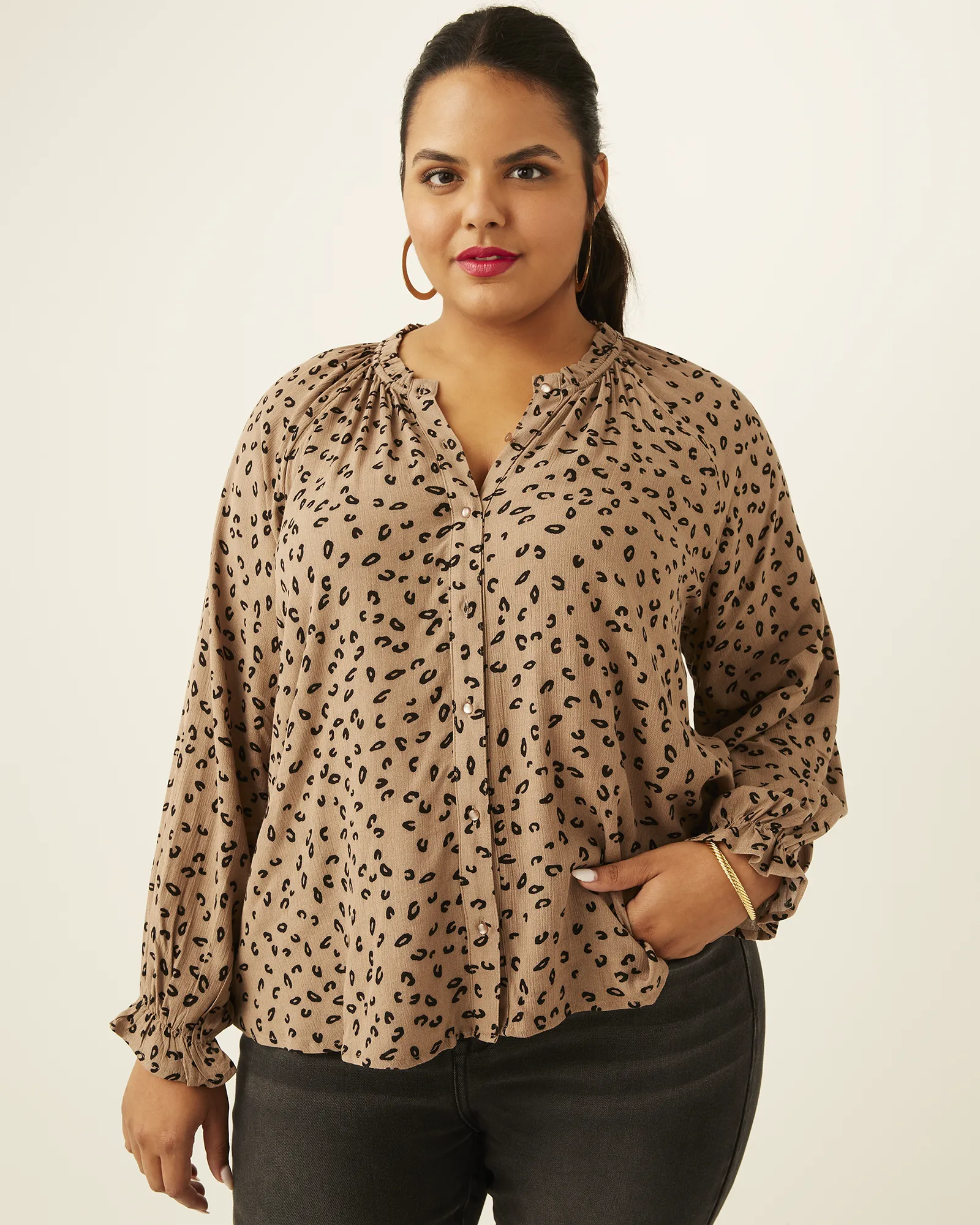 Abigail Button-Front Peasant Blouse | Brown / Black