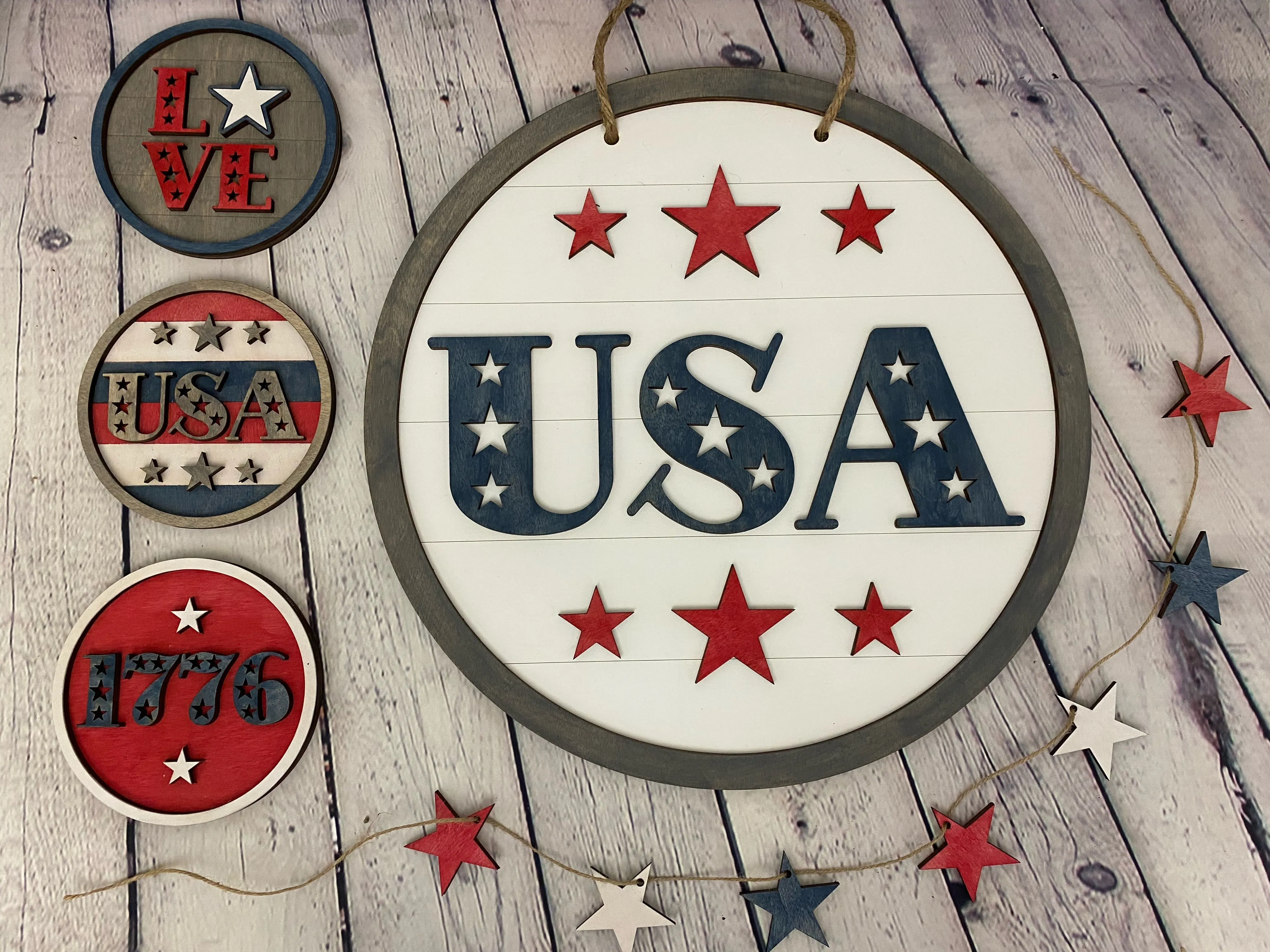 Americana Trio with Banner, Door Hanger included SVG File Laser Ready