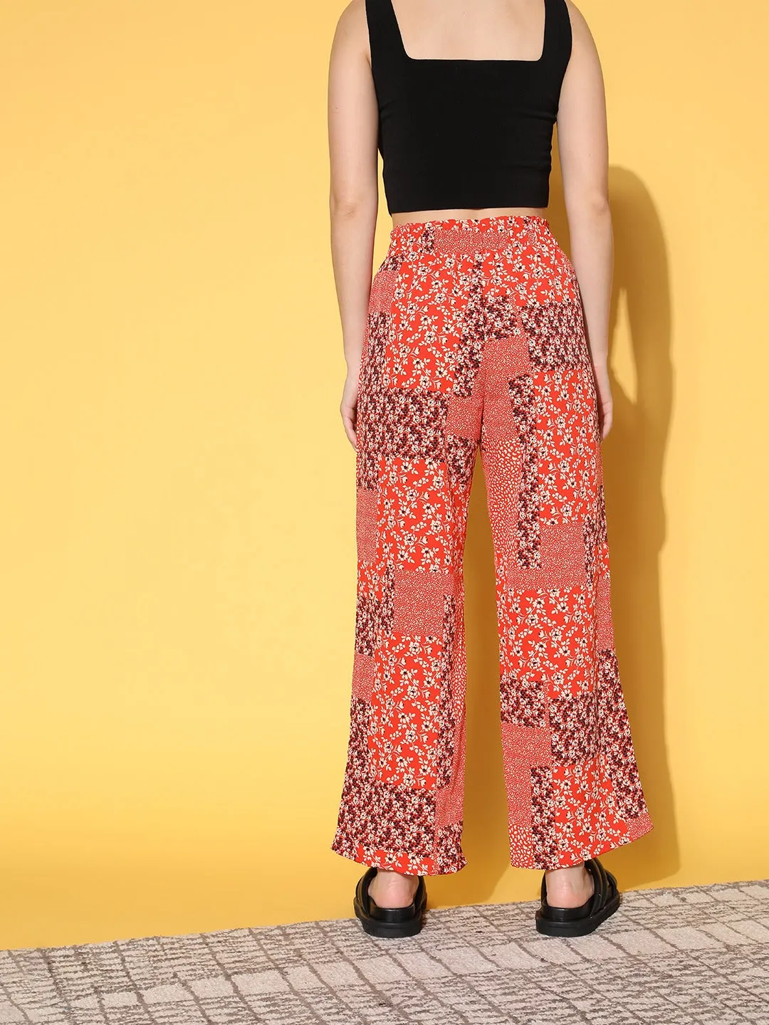 Berrylush Women Red Floral Printed High-Rise Elastic Waist Pleated Trousers