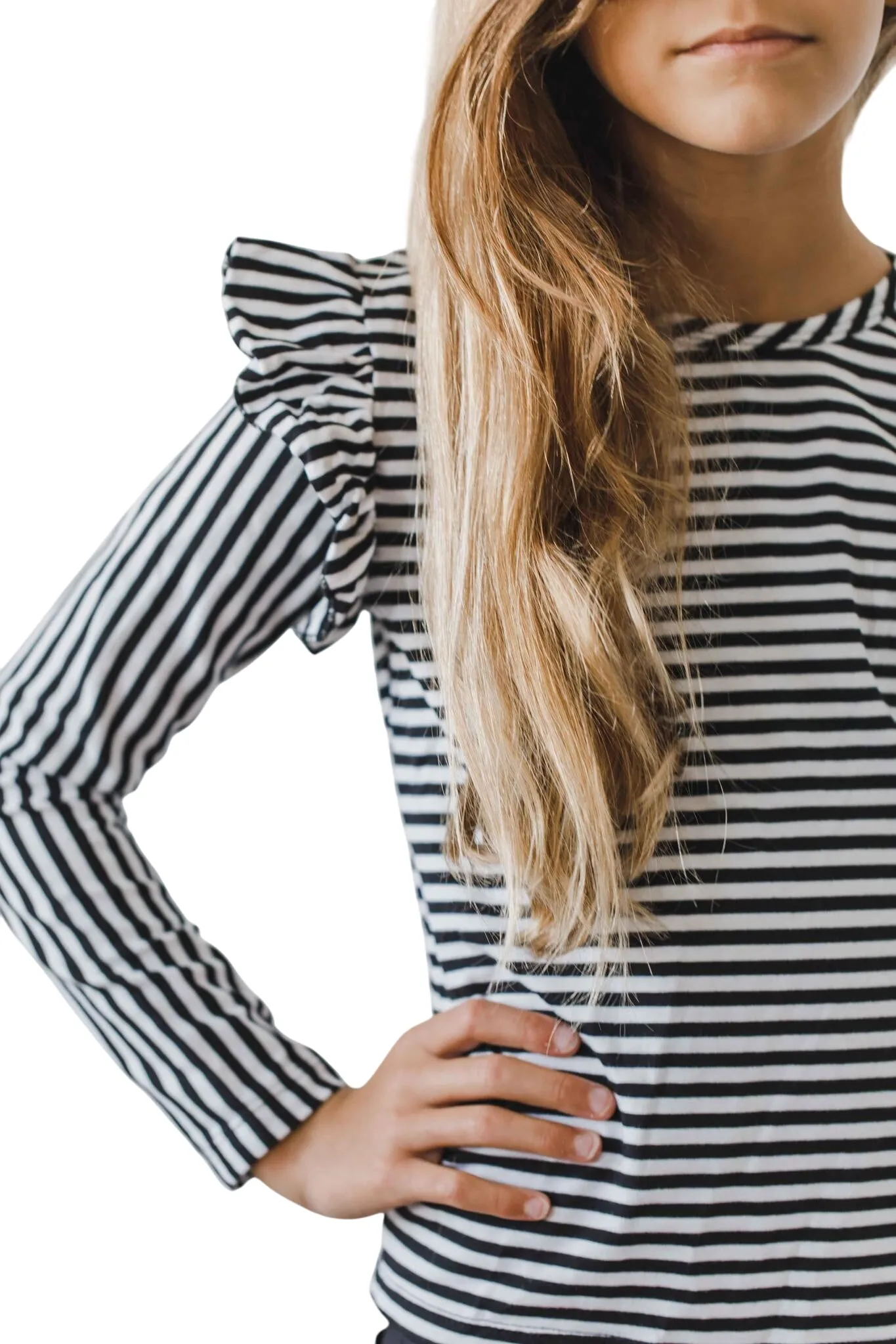 Black & White Stripe L/s Ruffle Tee