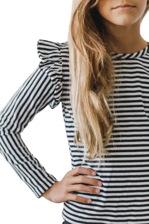 Black & White Stripe L/s Ruffle Tee