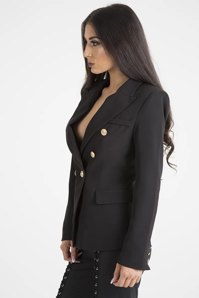 Black Fitted Gold Button Blazer - Mei