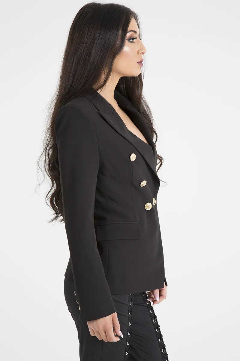 Black Fitted Gold Button Blazer - Mei