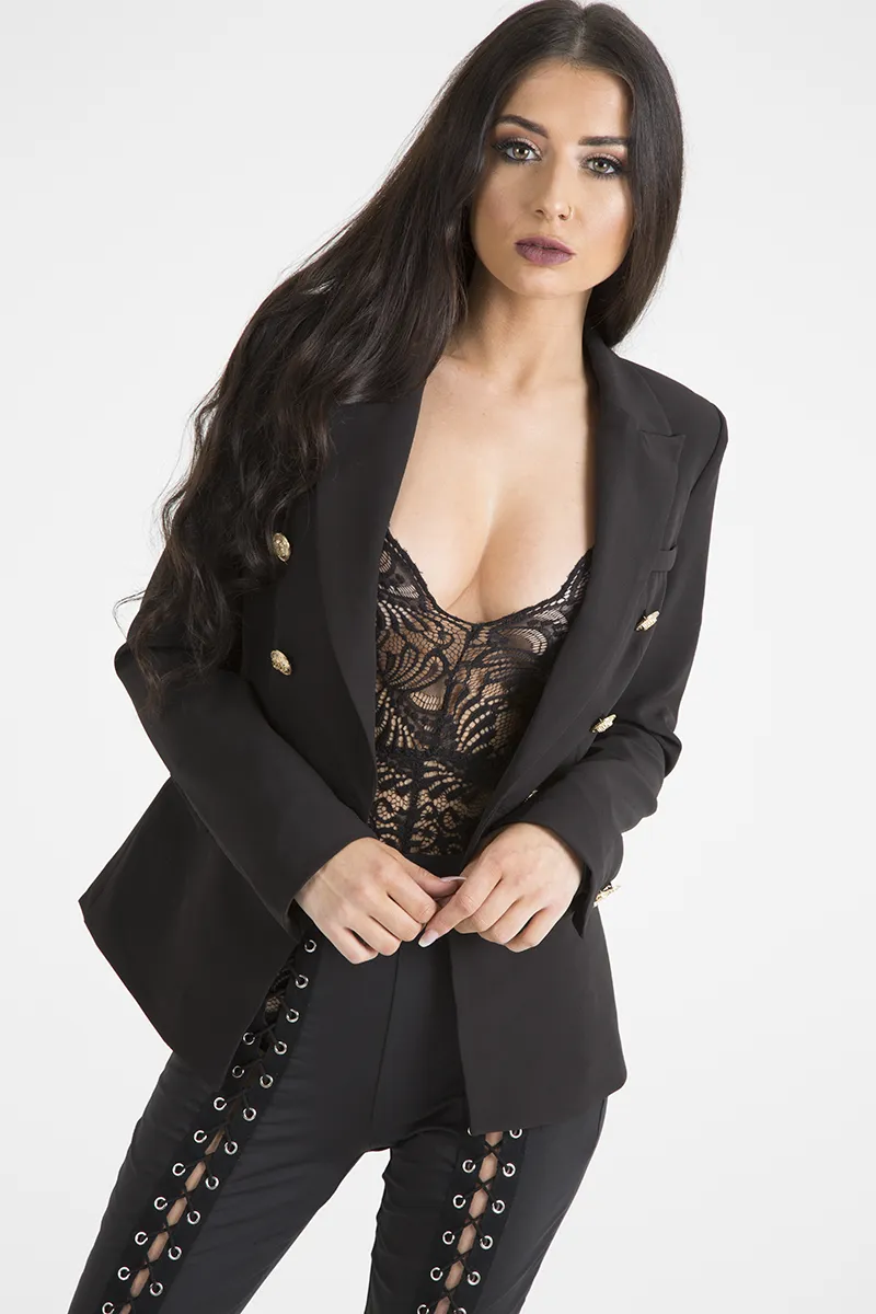 Black Fitted Gold Button Blazer - Mei