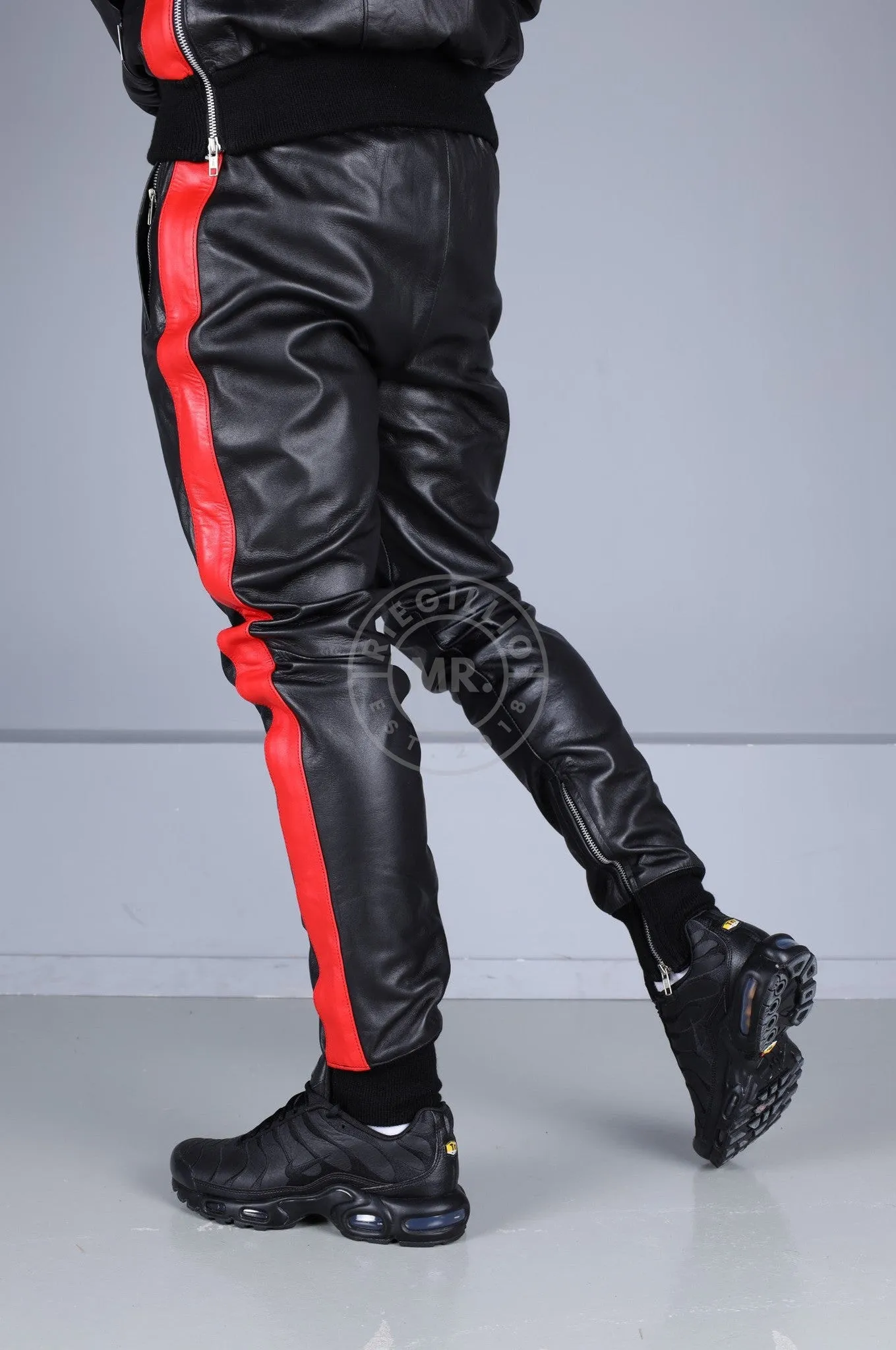 Black Leather Sports Pants - Red Stripe