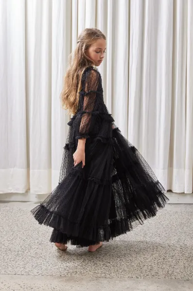 Black Tulle Pleated Frill Gown