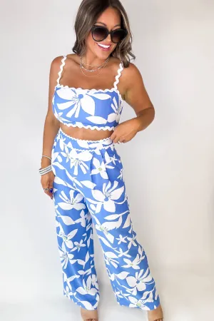 Blue Floral Rickrack Trimmed Pants