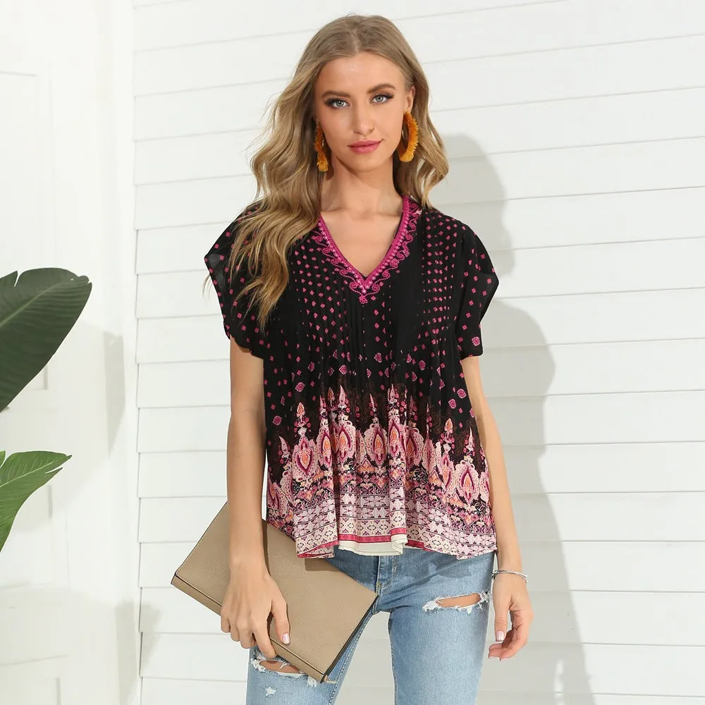 Boho V Neck Printed Short Sleeve Top Floral Blouse