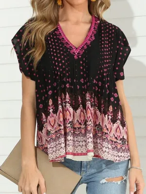 Boho V Neck Printed Short Sleeve Top Floral Blouse