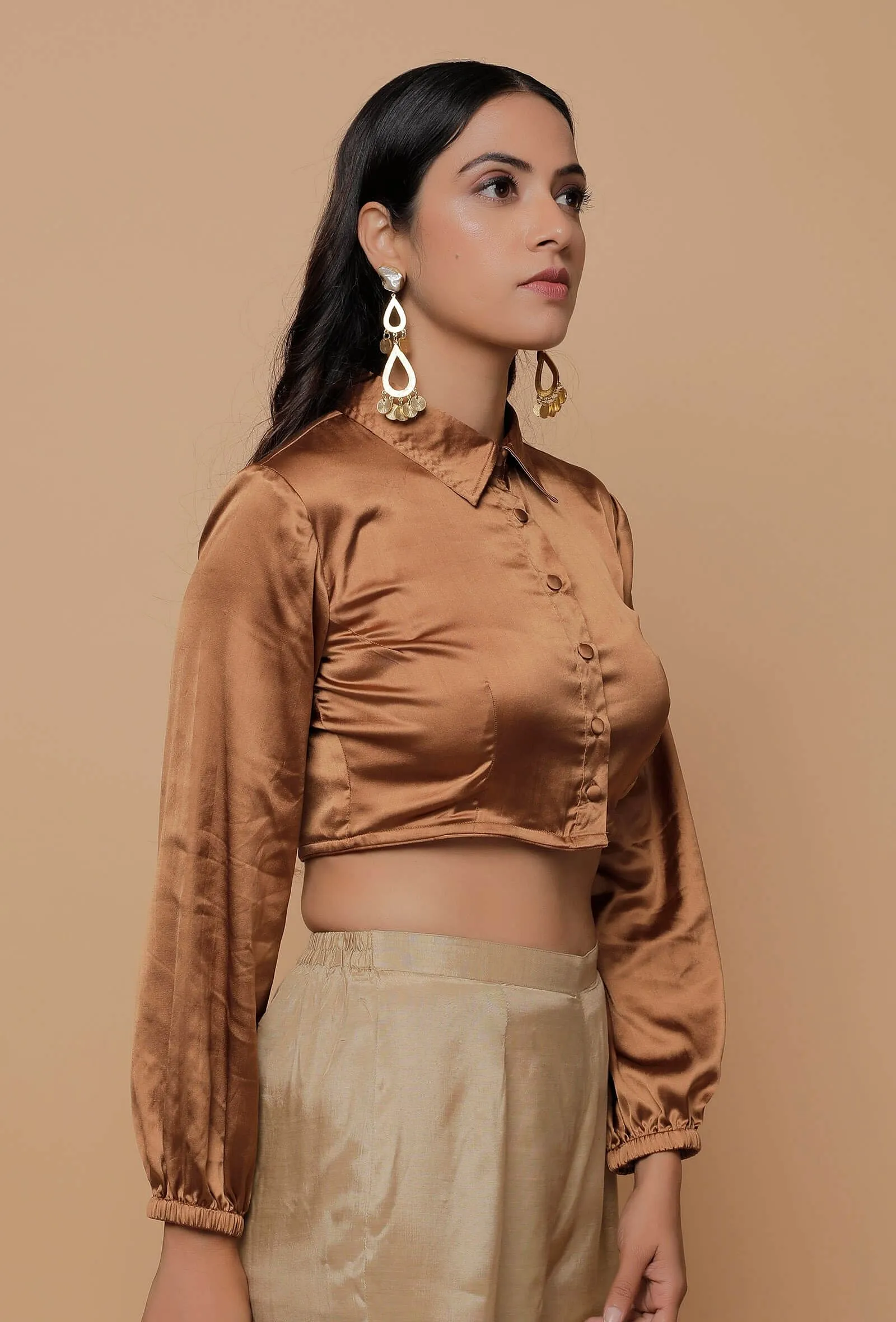 Brown Satin Puffed Sleeve Shirt Blouse