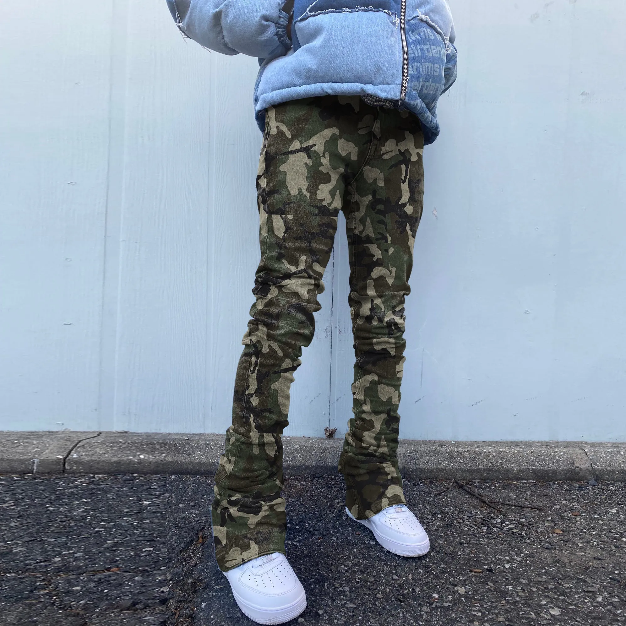 Camouflage Pattern Stacked Flared Jeans