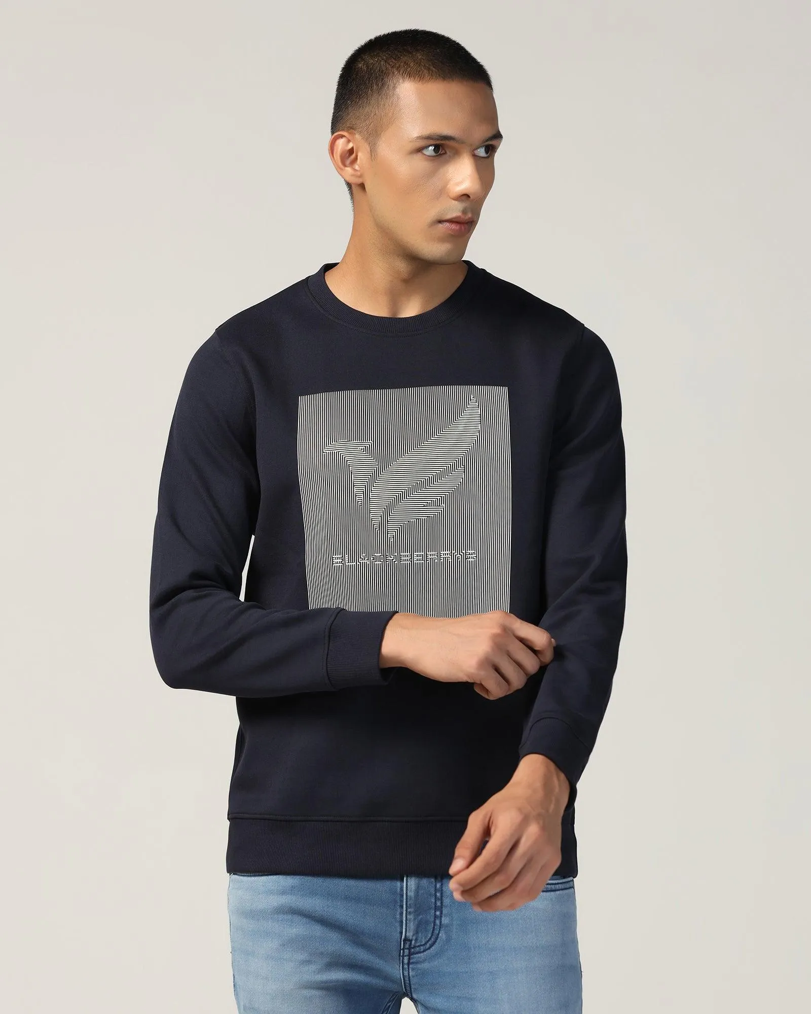 Crew Neck Navy Solid Sweatshirt - Stroke