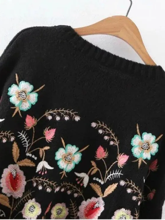 Cute Oversized Floral Embroidered Sweater