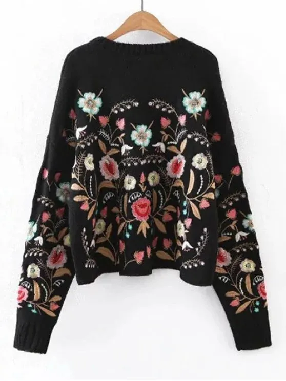 Cute Oversized Floral Embroidered Sweater