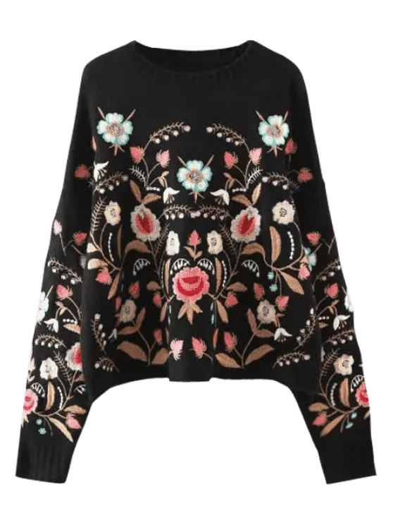 Cute Oversized Floral Embroidered Sweater