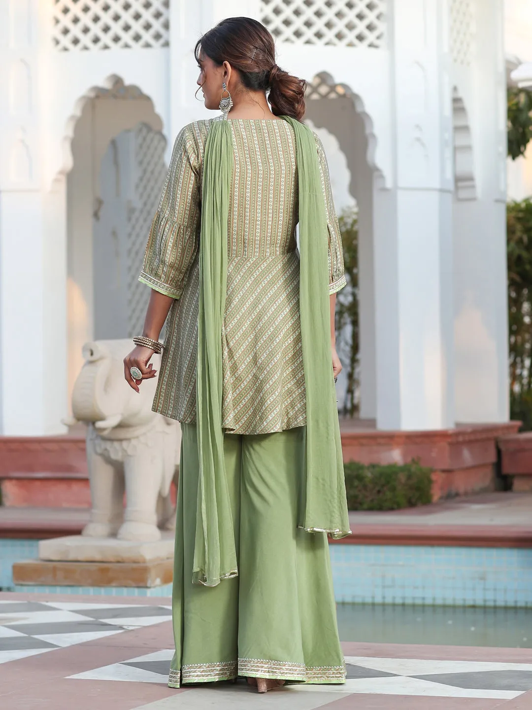 Embroidered Green Chanderi Printed Peplum Top With Flared Palazzo And Chiffon Dupatta