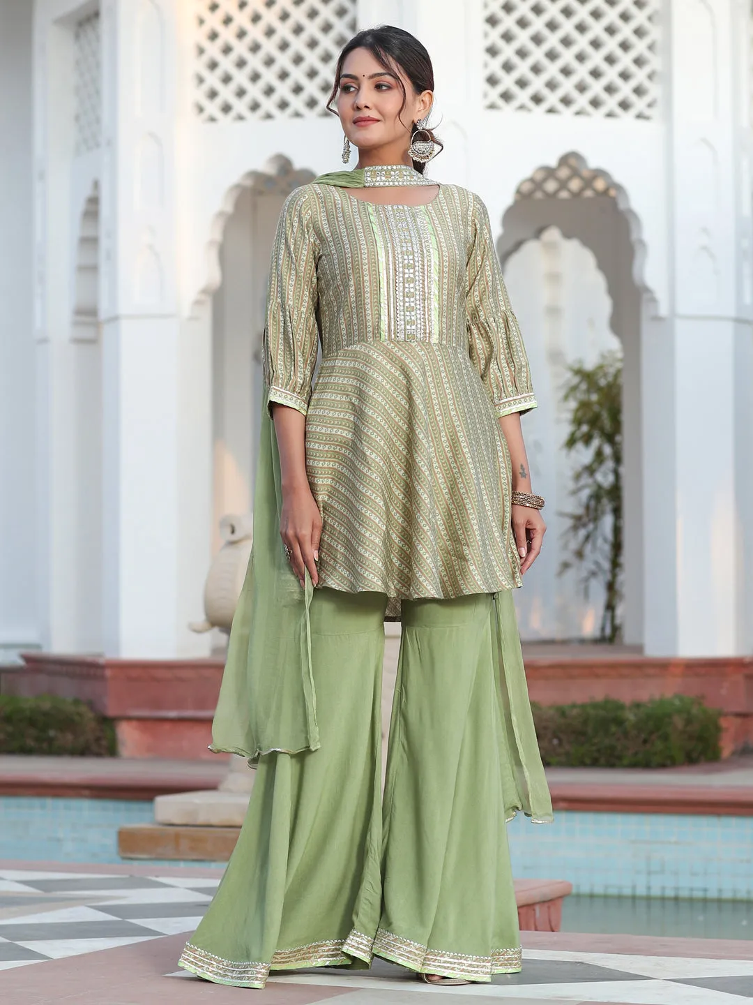 Embroidered Green Chanderi Printed Peplum Top With Flared Palazzo And Chiffon Dupatta