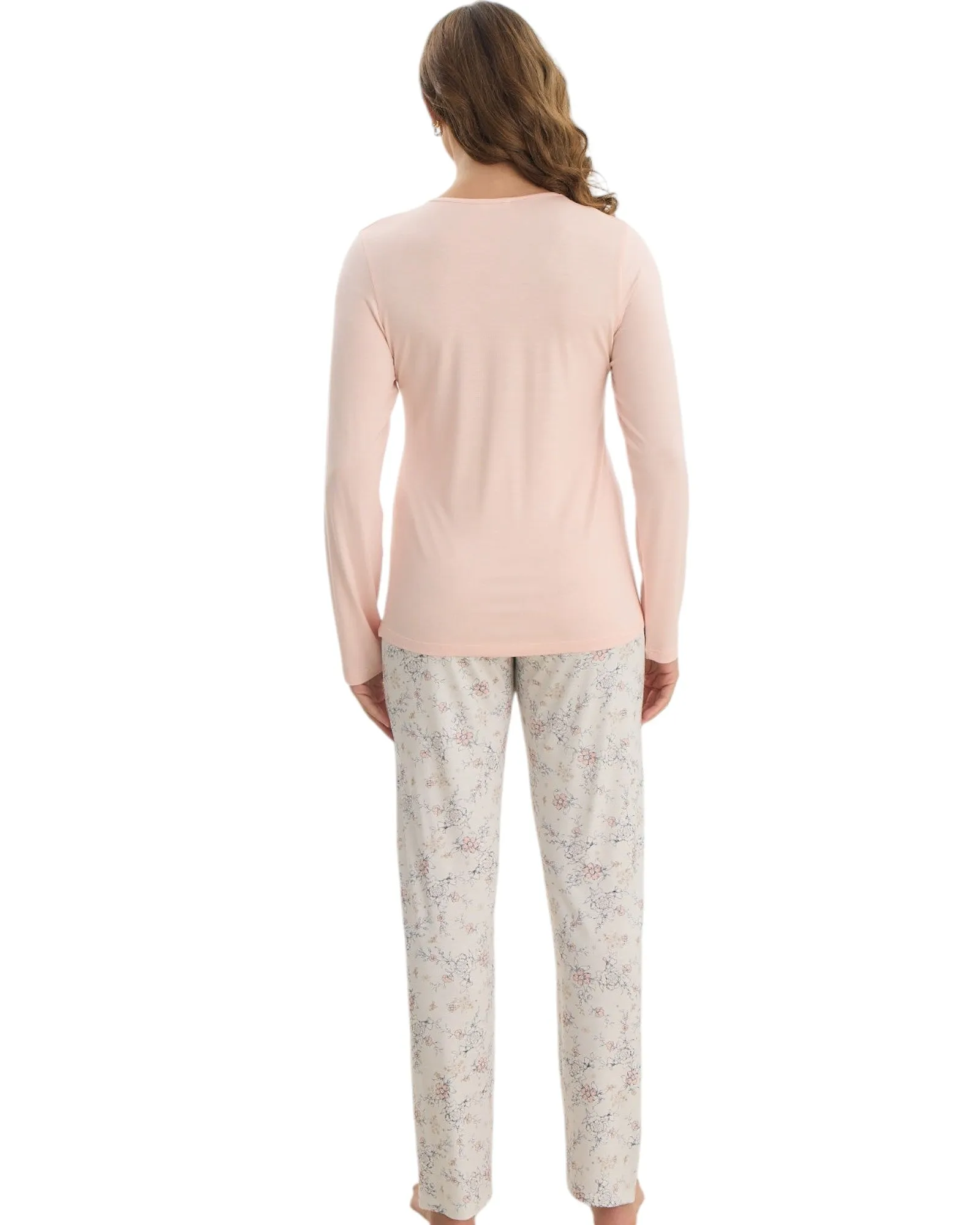 Fall/Winter Embroidered V-Neck Pajama Set with Printed Long Pants