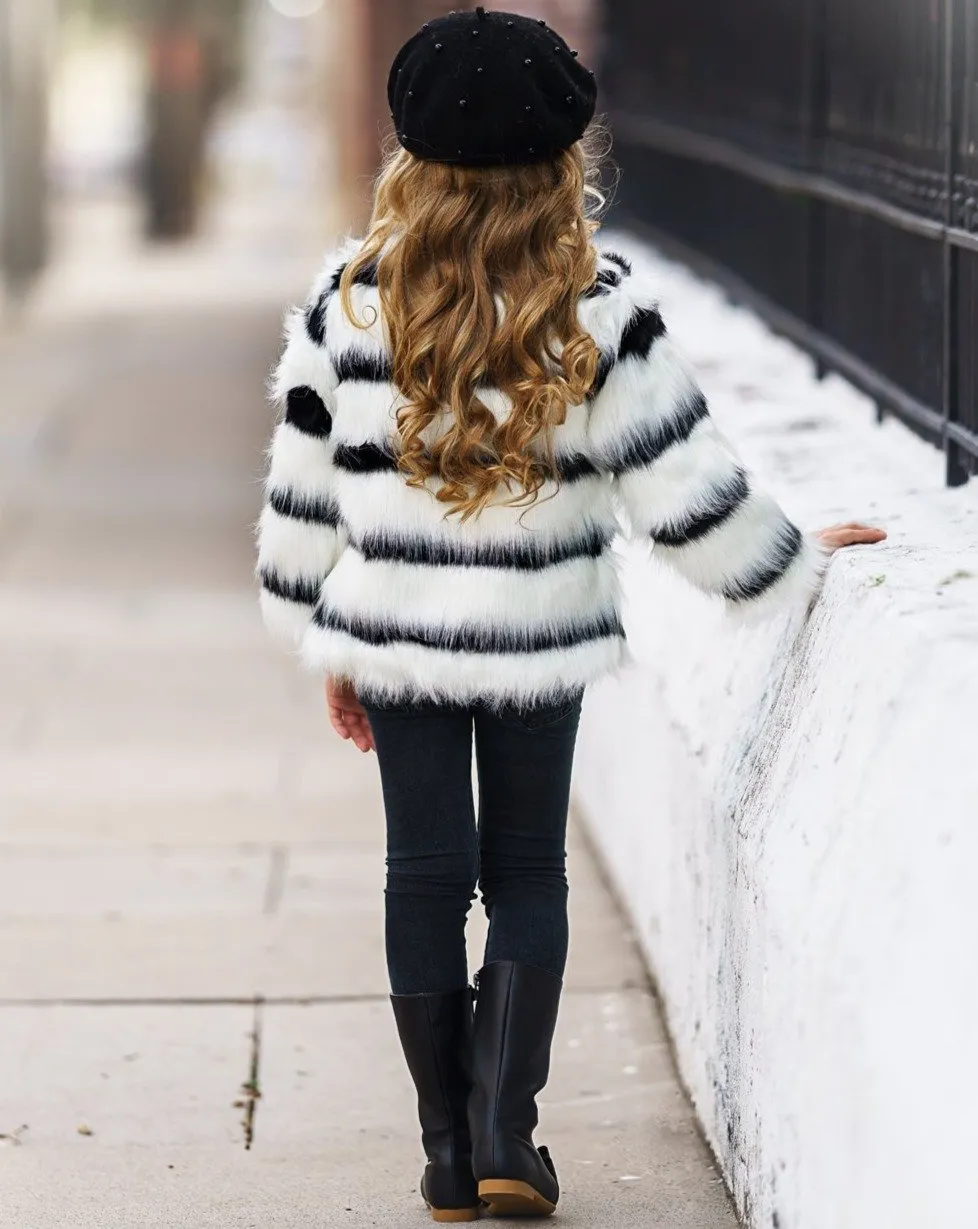 Girls Black and White Faux Fur Coat