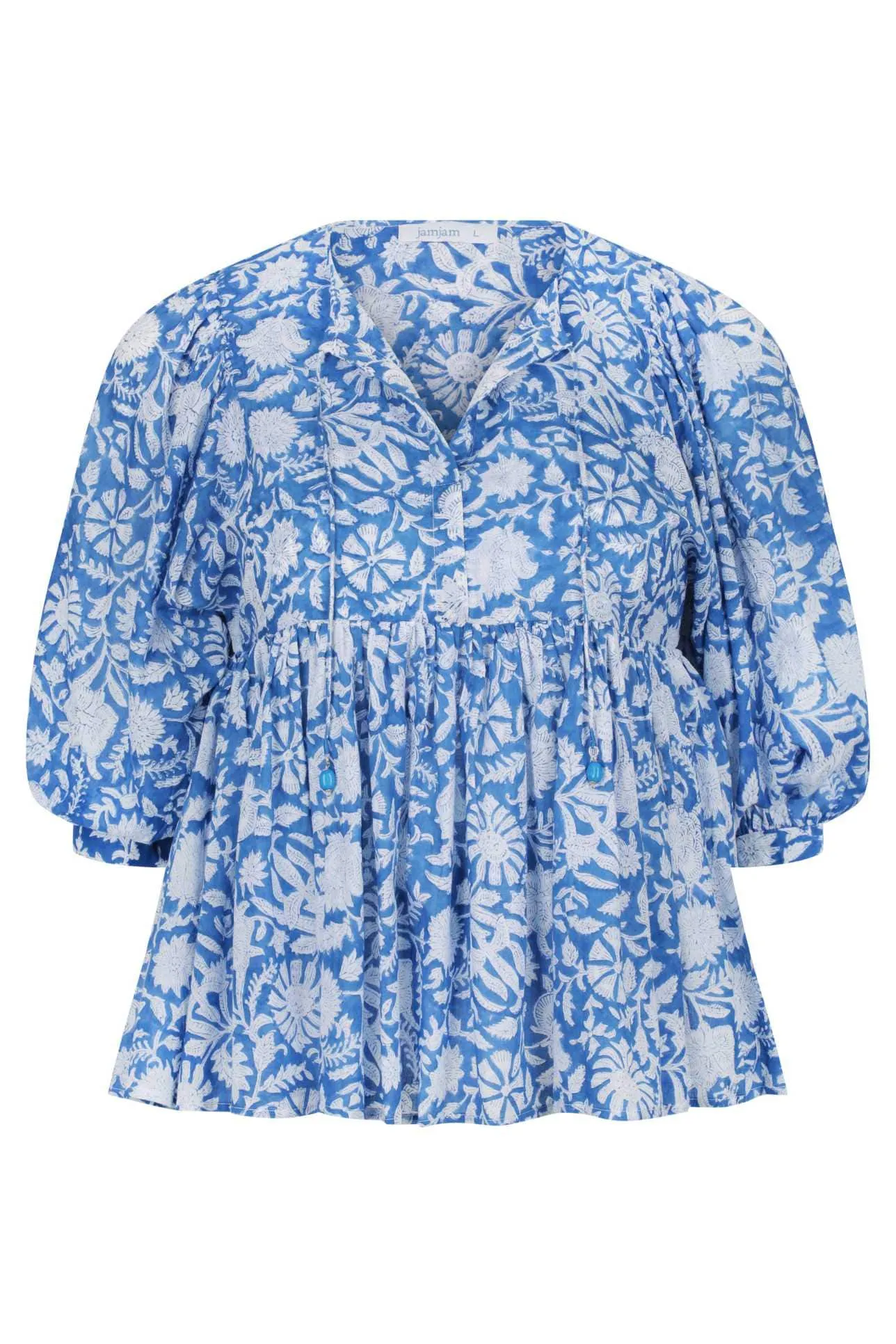 Jamjam Blue Puff Sleeve Boho Blouse