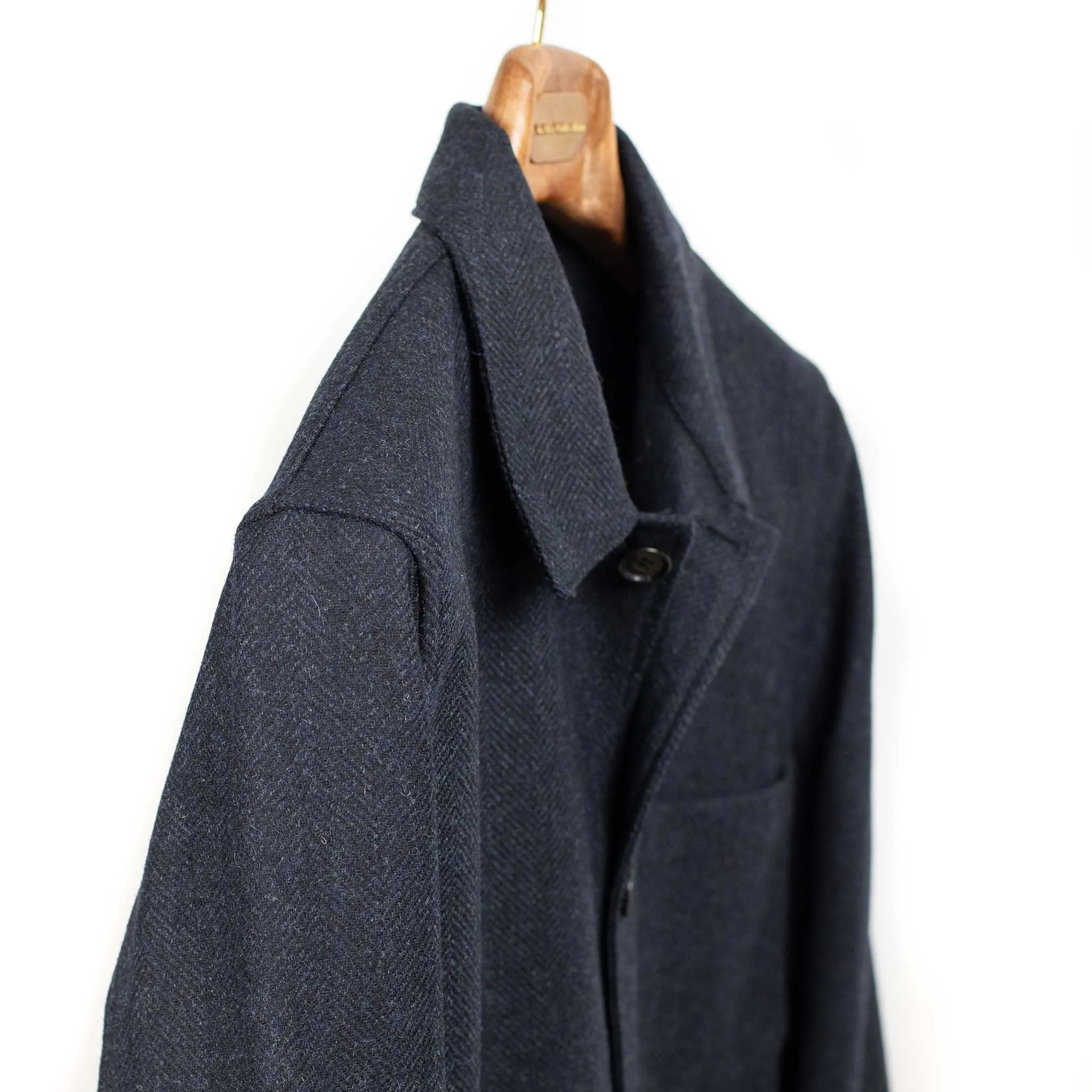 Labura chore coat in navy herringbone brushed virgin wool