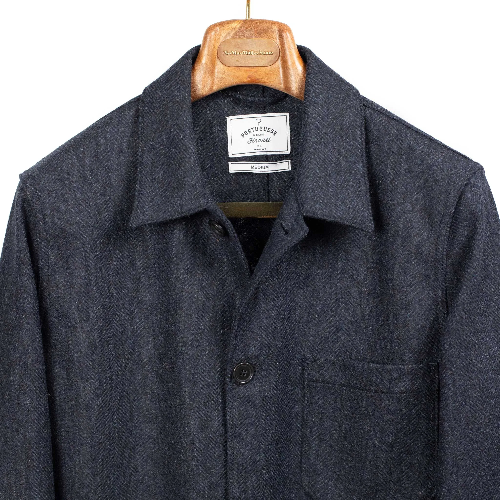 Labura chore coat in navy herringbone brushed virgin wool