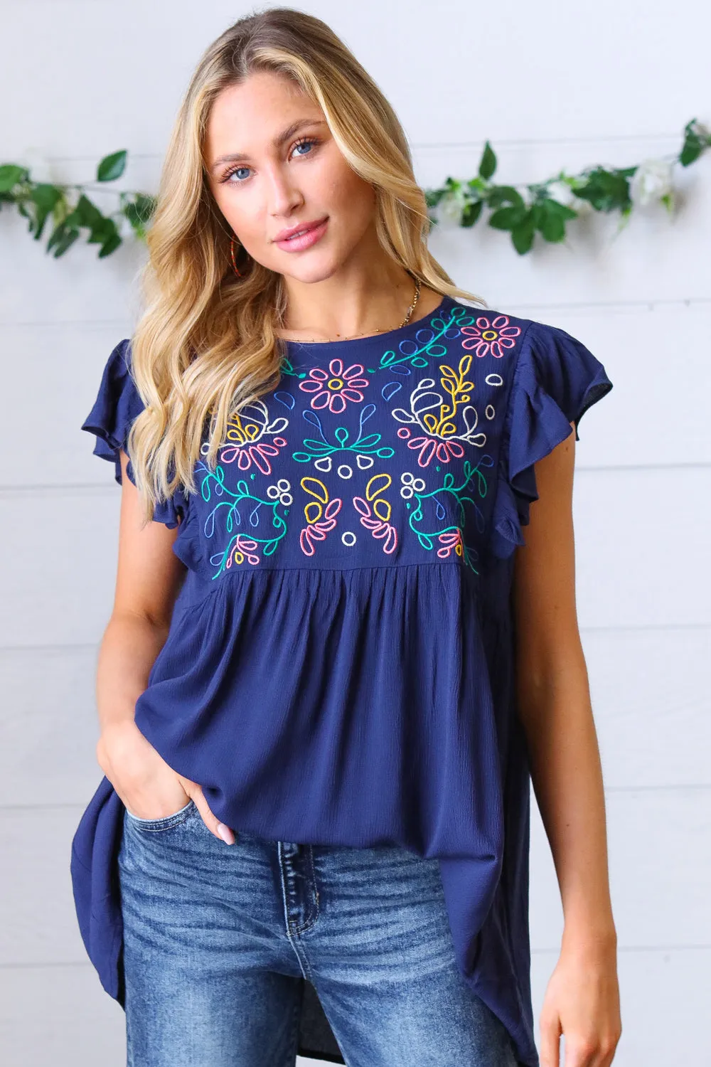 Navy Floral Embroidered Flutter Sleeve Babydoll Blouse Top