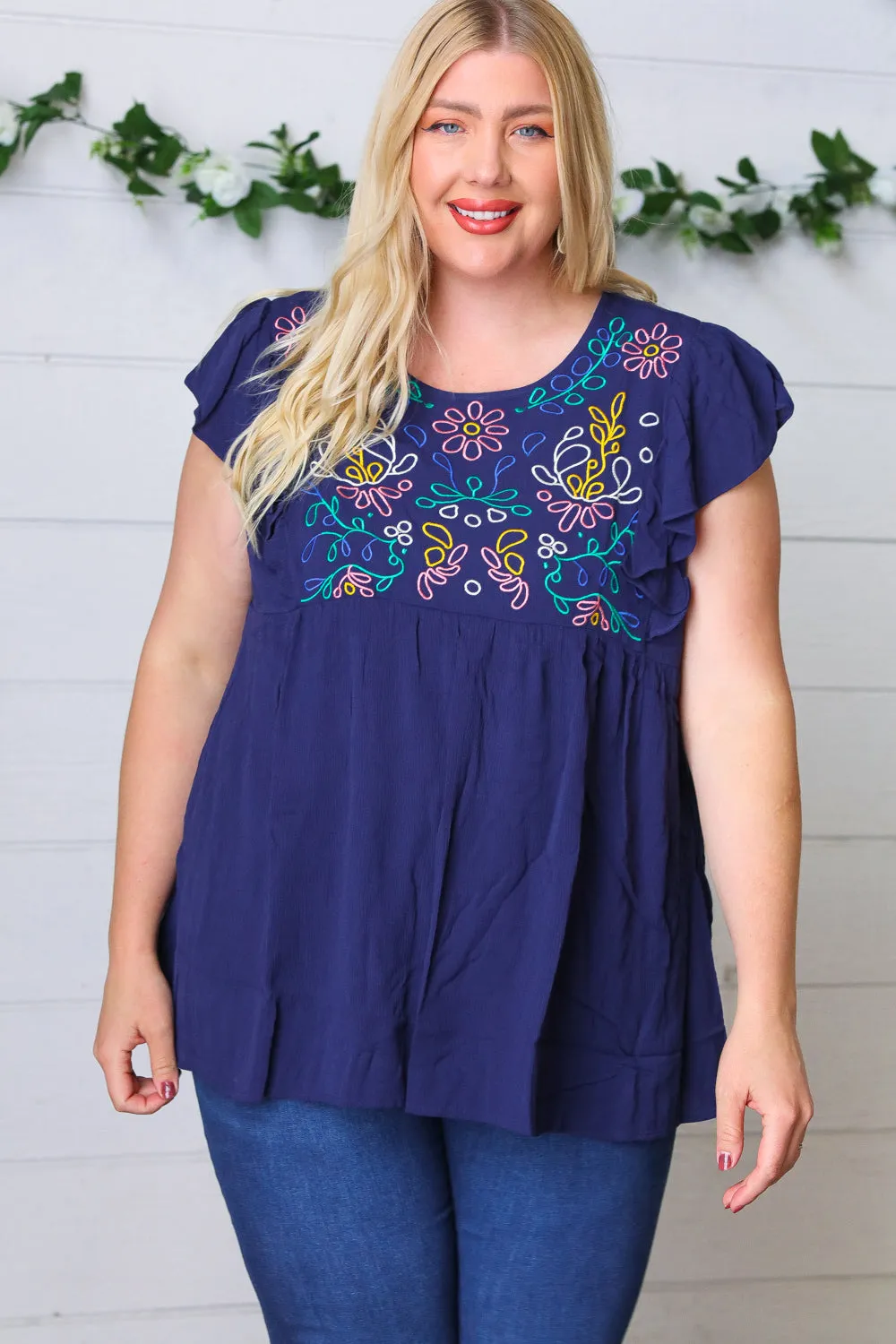 Navy Floral Embroidered Flutter Sleeve Babydoll Blouse Top