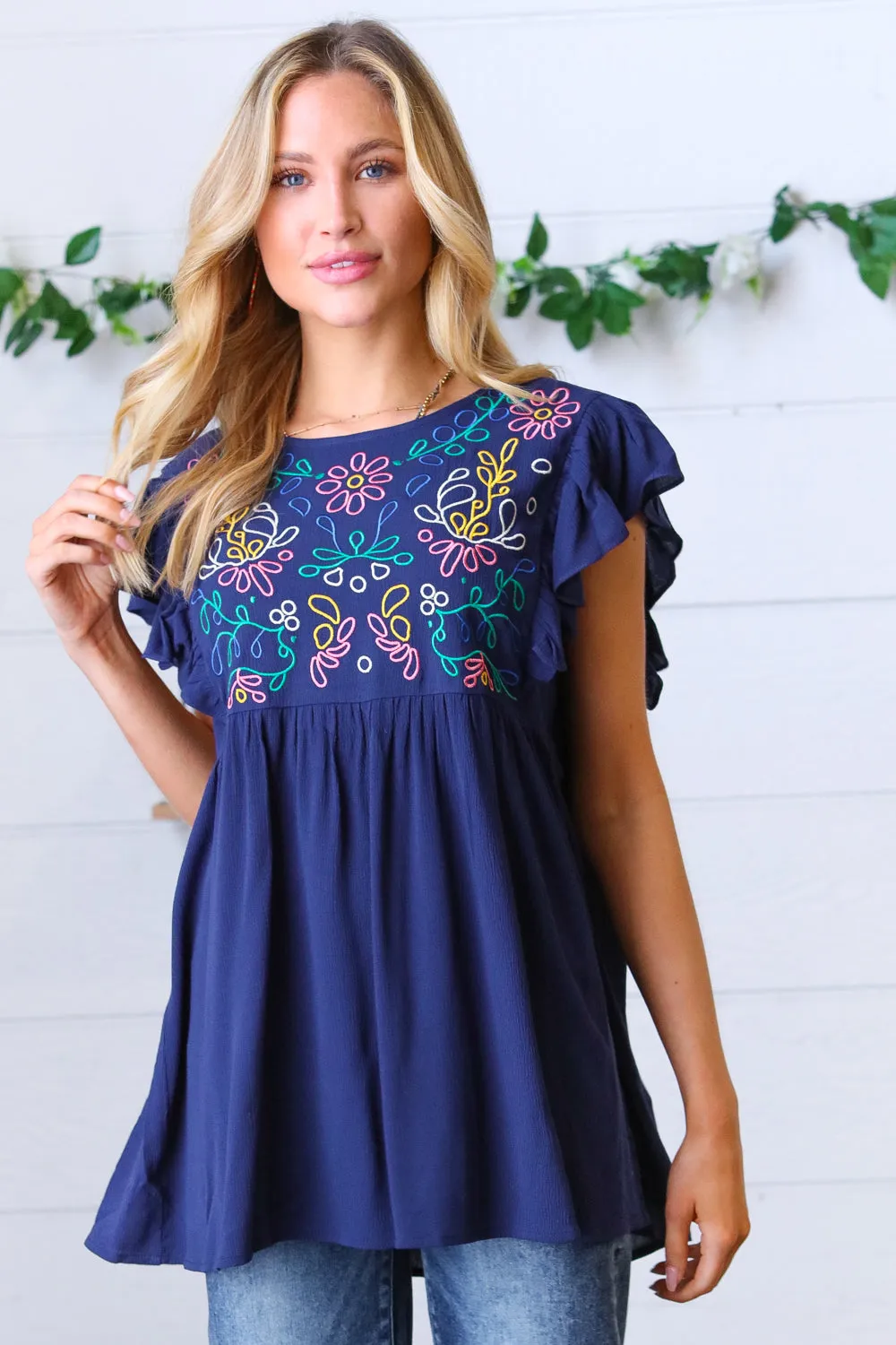 Navy Floral Embroidered Flutter Sleeve Babydoll Blouse Top