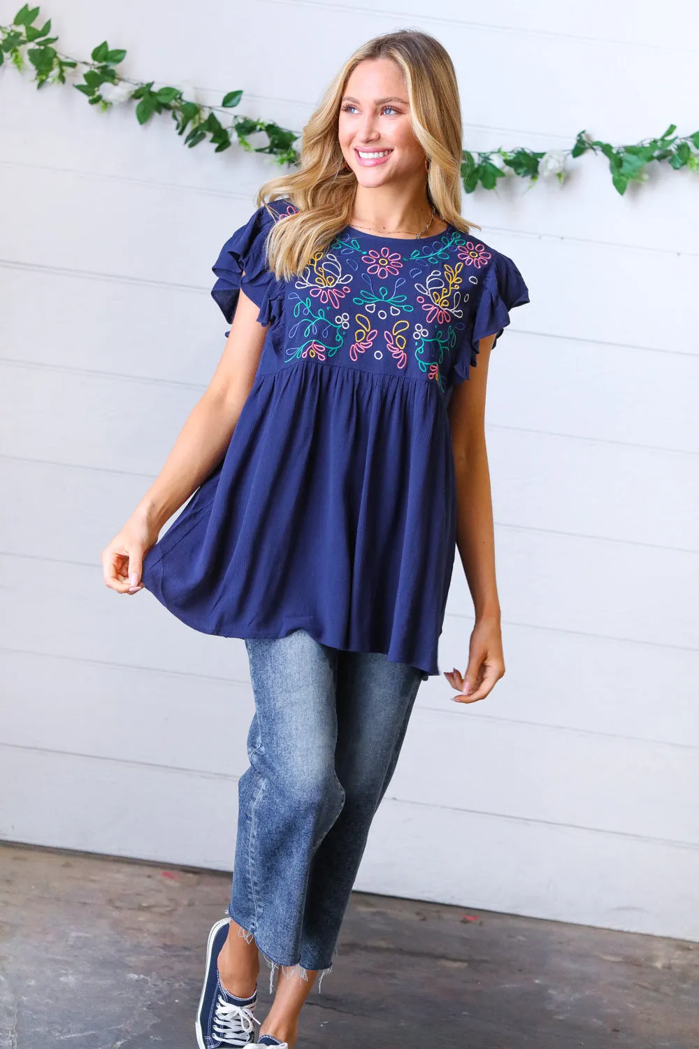 Navy Floral Embroidered Flutter Sleeve Babydoll Blouse Top