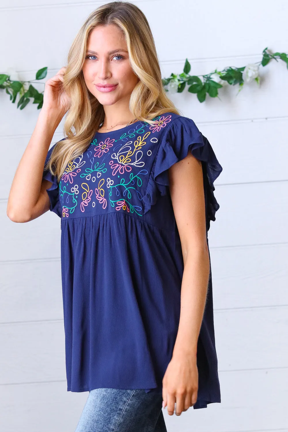 Navy Floral Embroidered Flutter Sleeve Babydoll Blouse Top