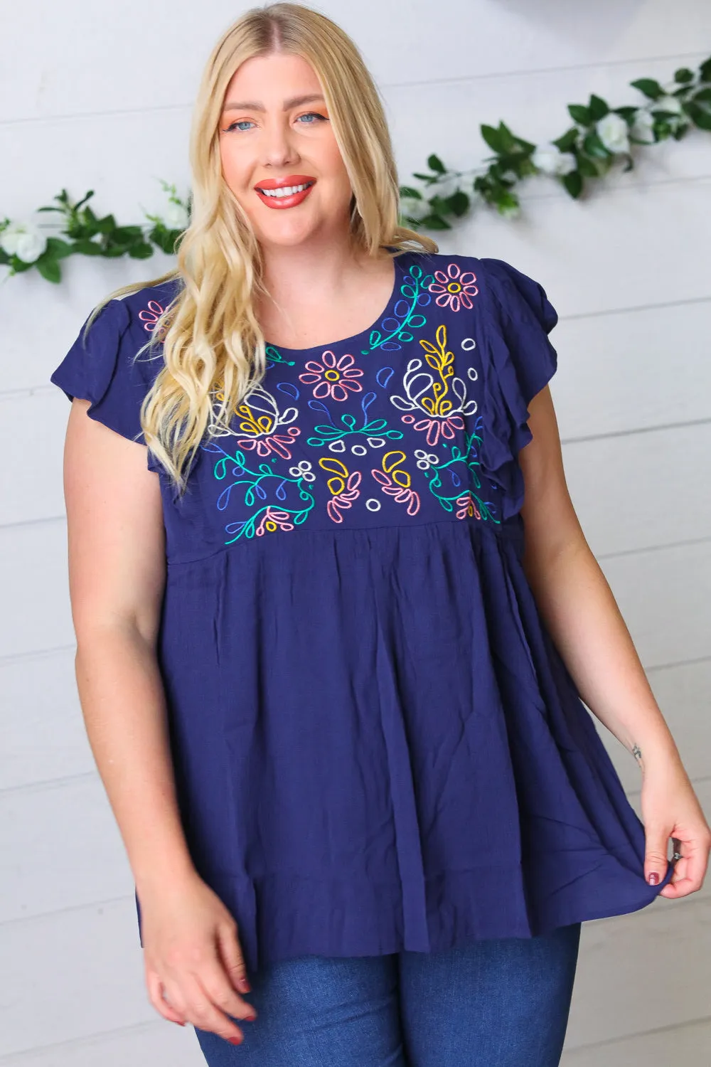 Navy Floral Embroidered Flutter Sleeve Babydoll Blouse Top