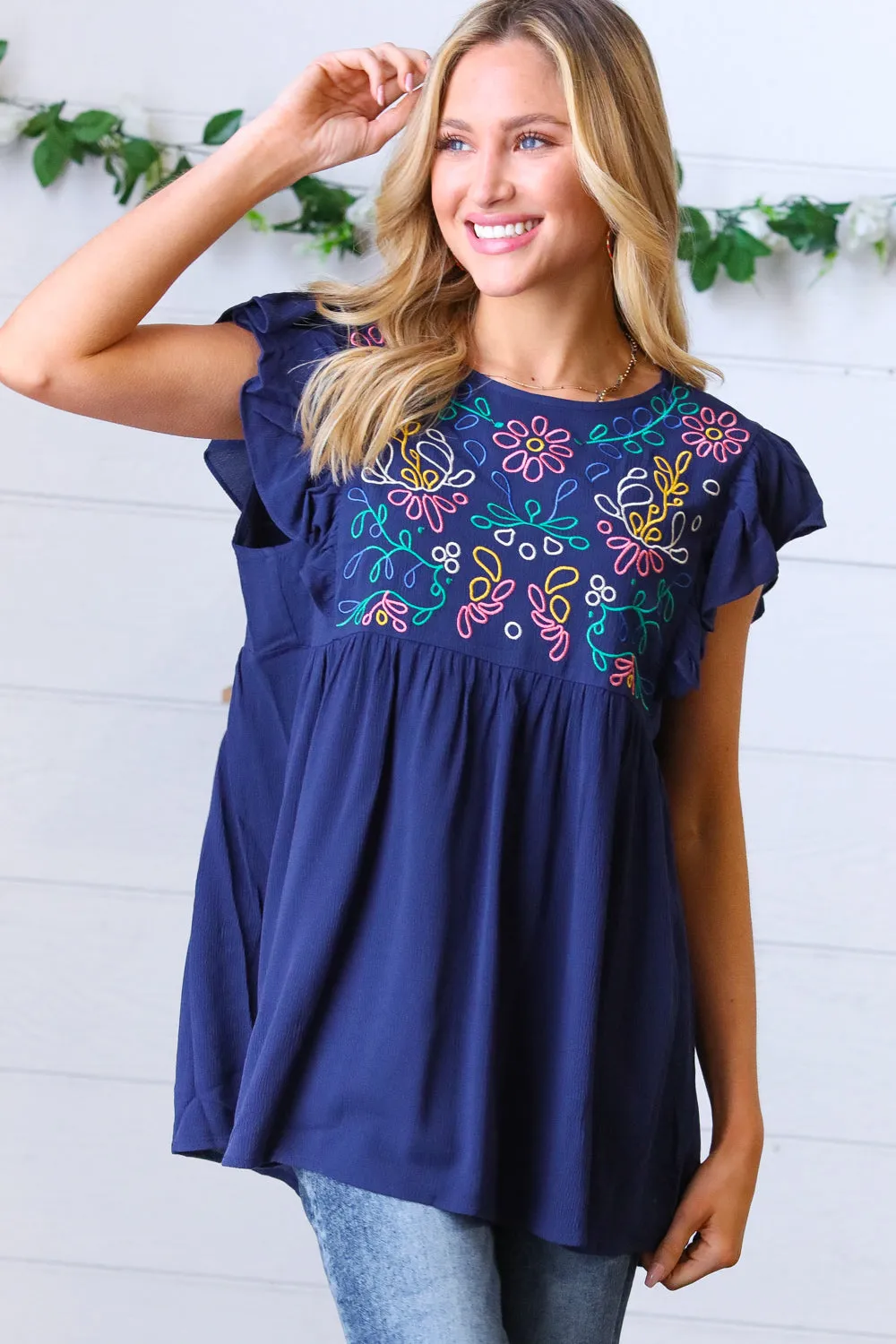 Navy Floral Embroidered Flutter Sleeve Babydoll Blouse Top