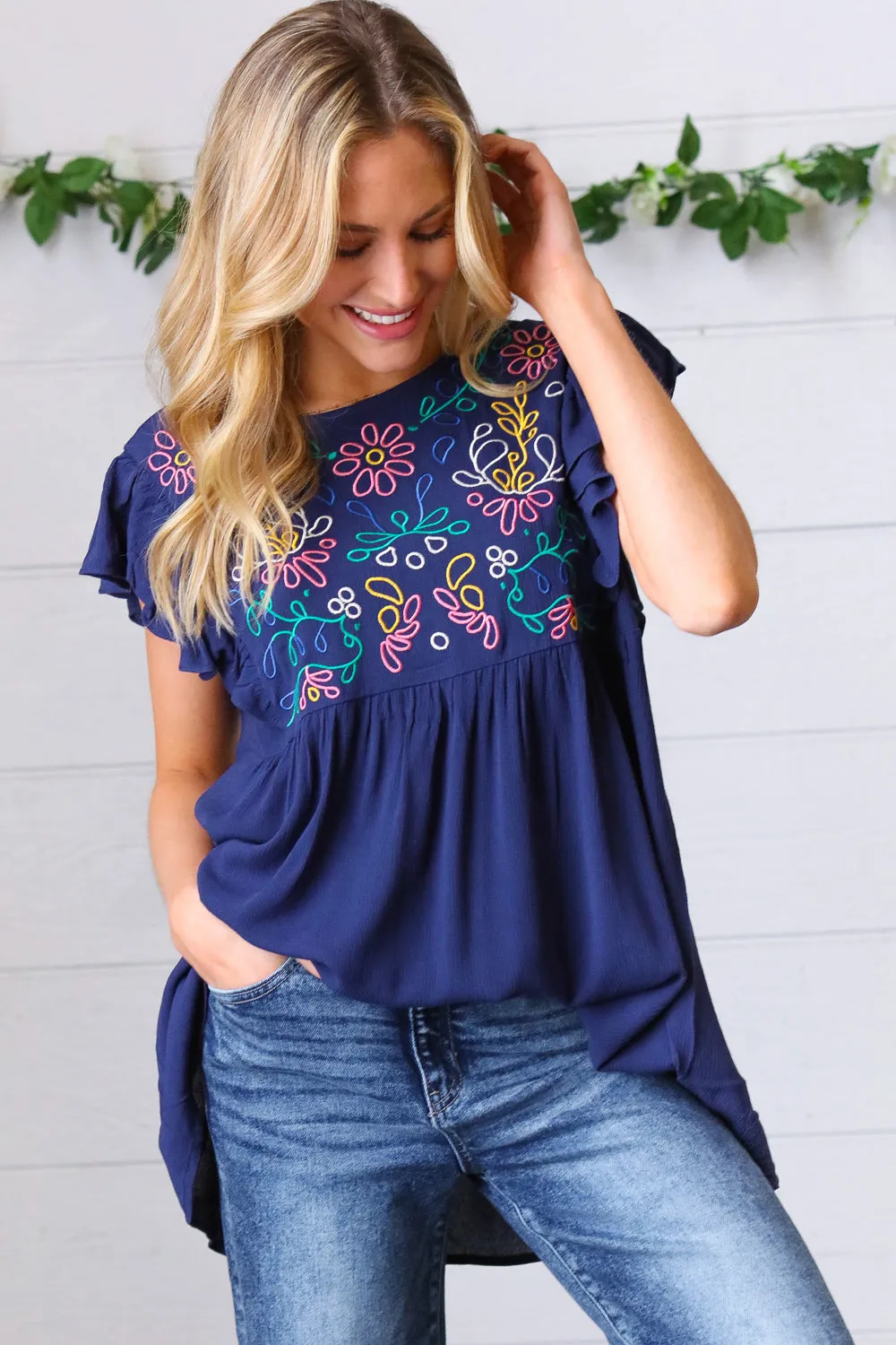 Navy Floral Embroidered Flutter Sleeve Babydoll Blouse Top