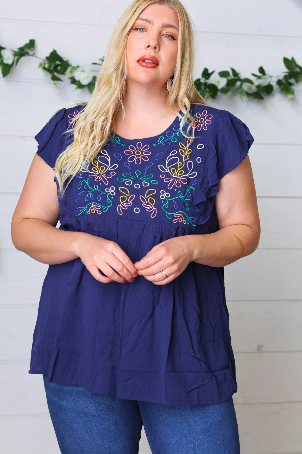 Navy Floral Embroidered Flutter Sleeve Babydoll Blouse Top