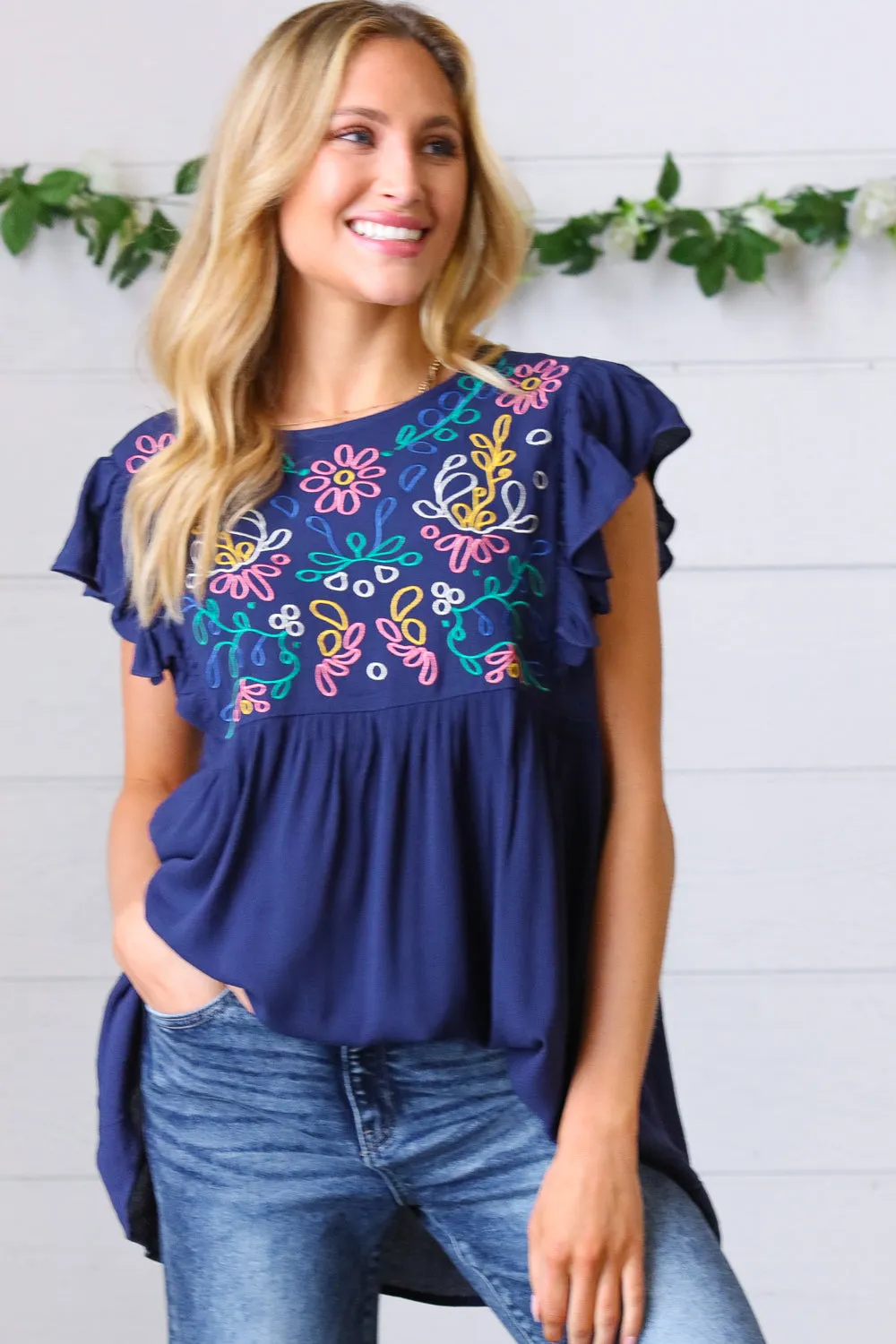 Navy Floral Embroidered Flutter Sleeve Babydoll Blouse Top