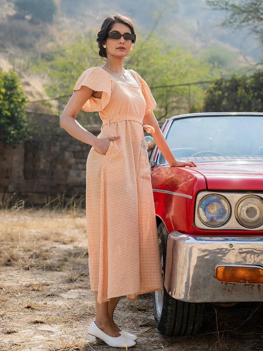 Orange & White Cotton Checked Print A Line Dress