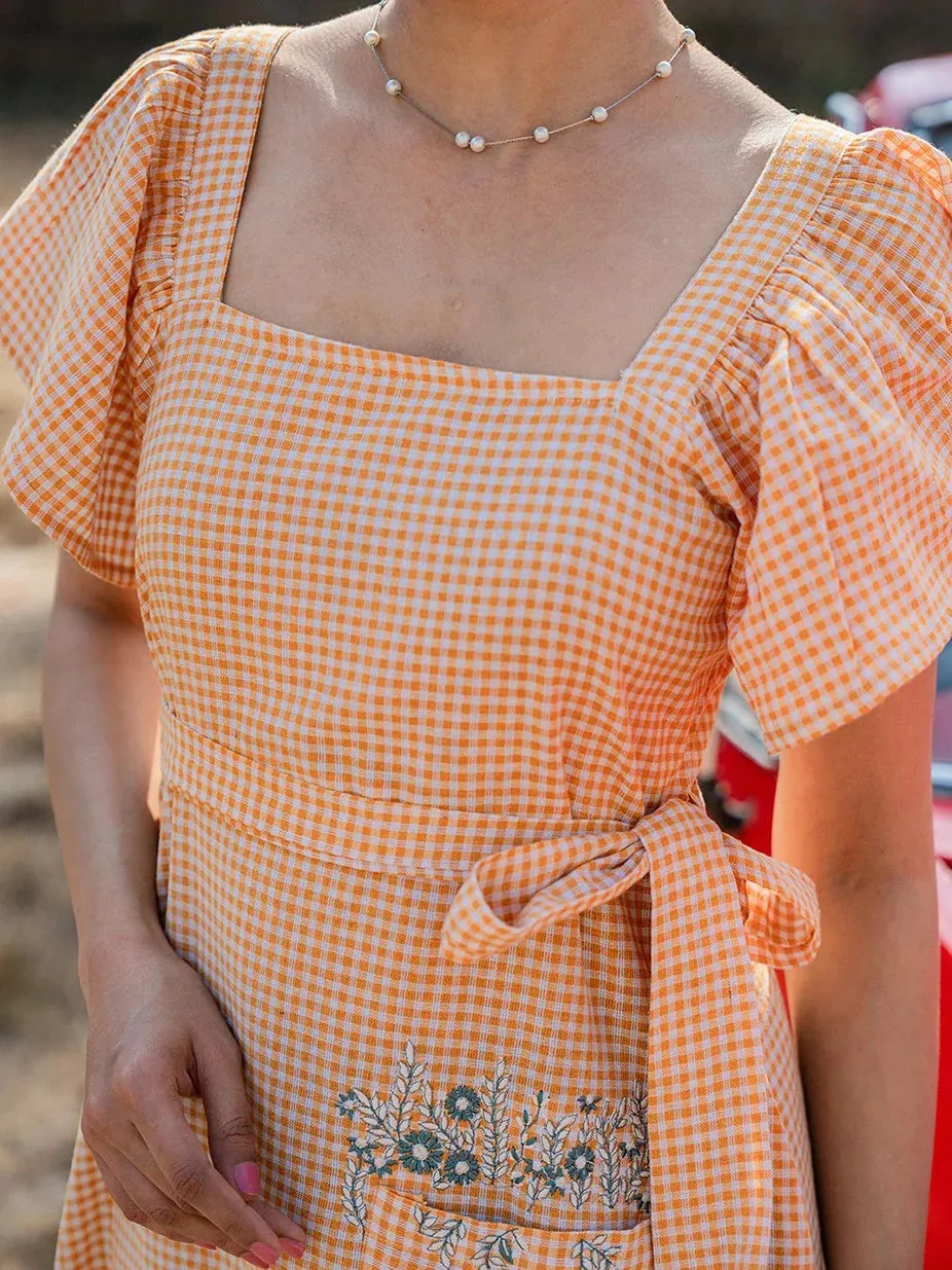 Orange & White Cotton Checked Print A Line Dress