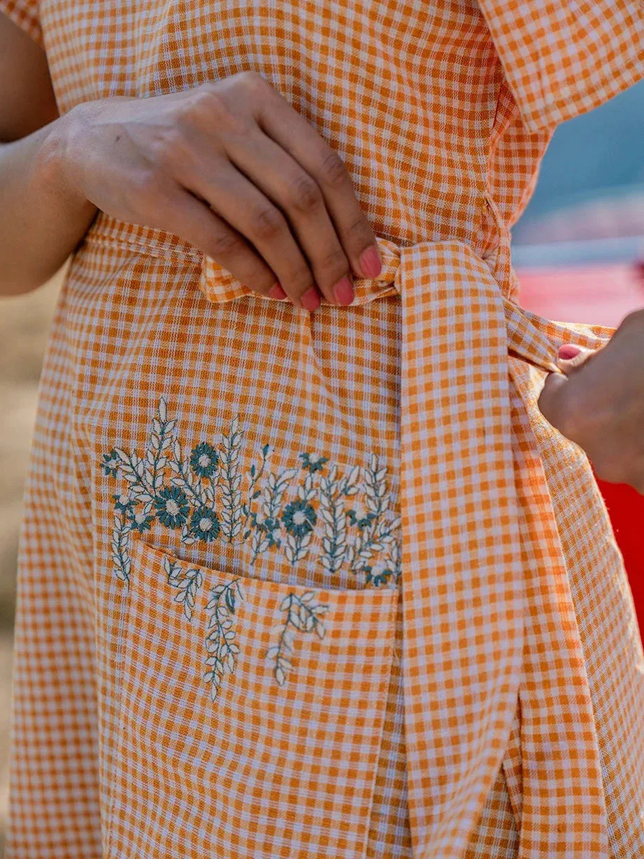 Orange & White Cotton Checked Print A Line Dress