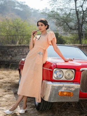 Orange & White Cotton Checked Print A Line Dress