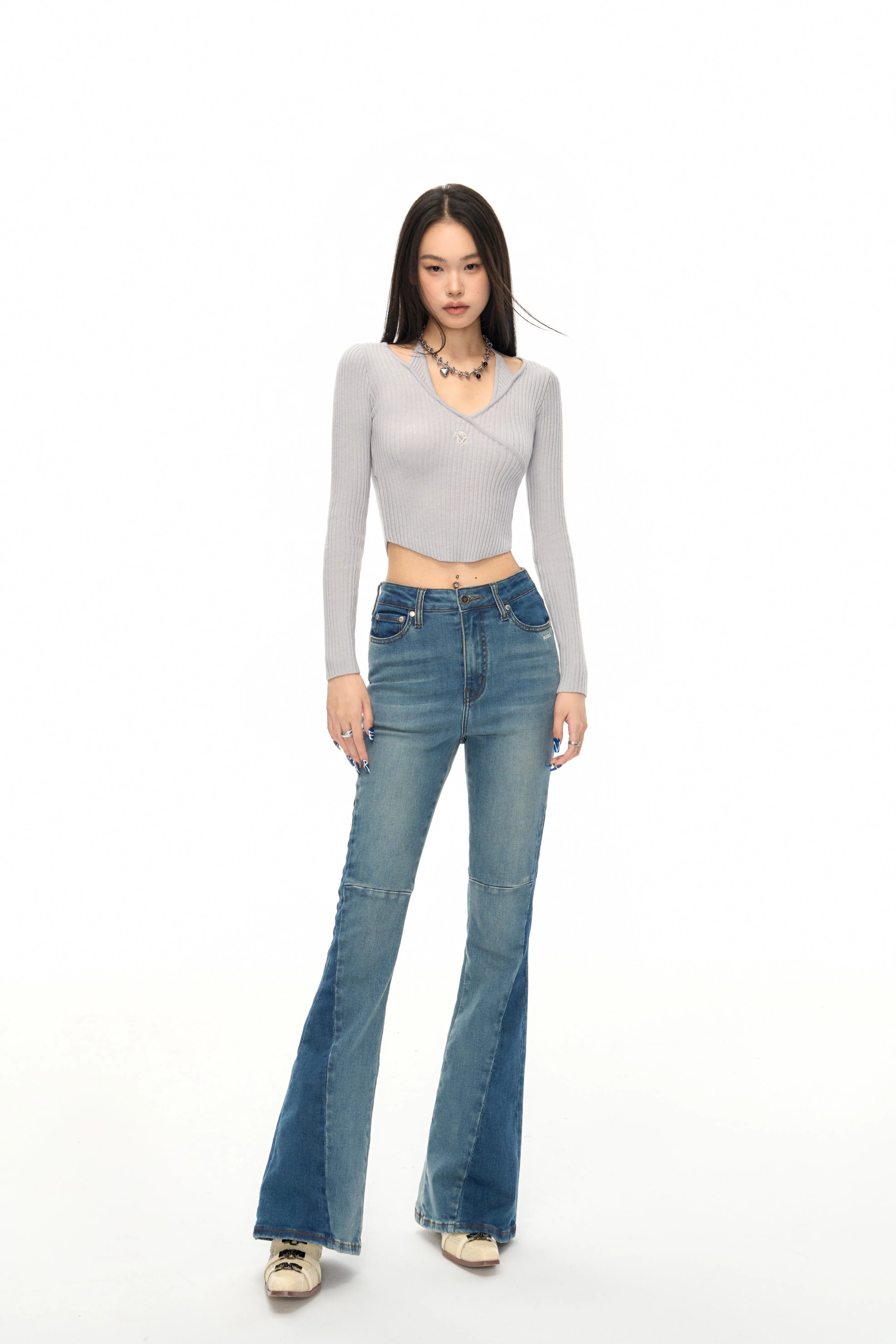 Parallel World Elastic Contrasting Colors Flared Jeans