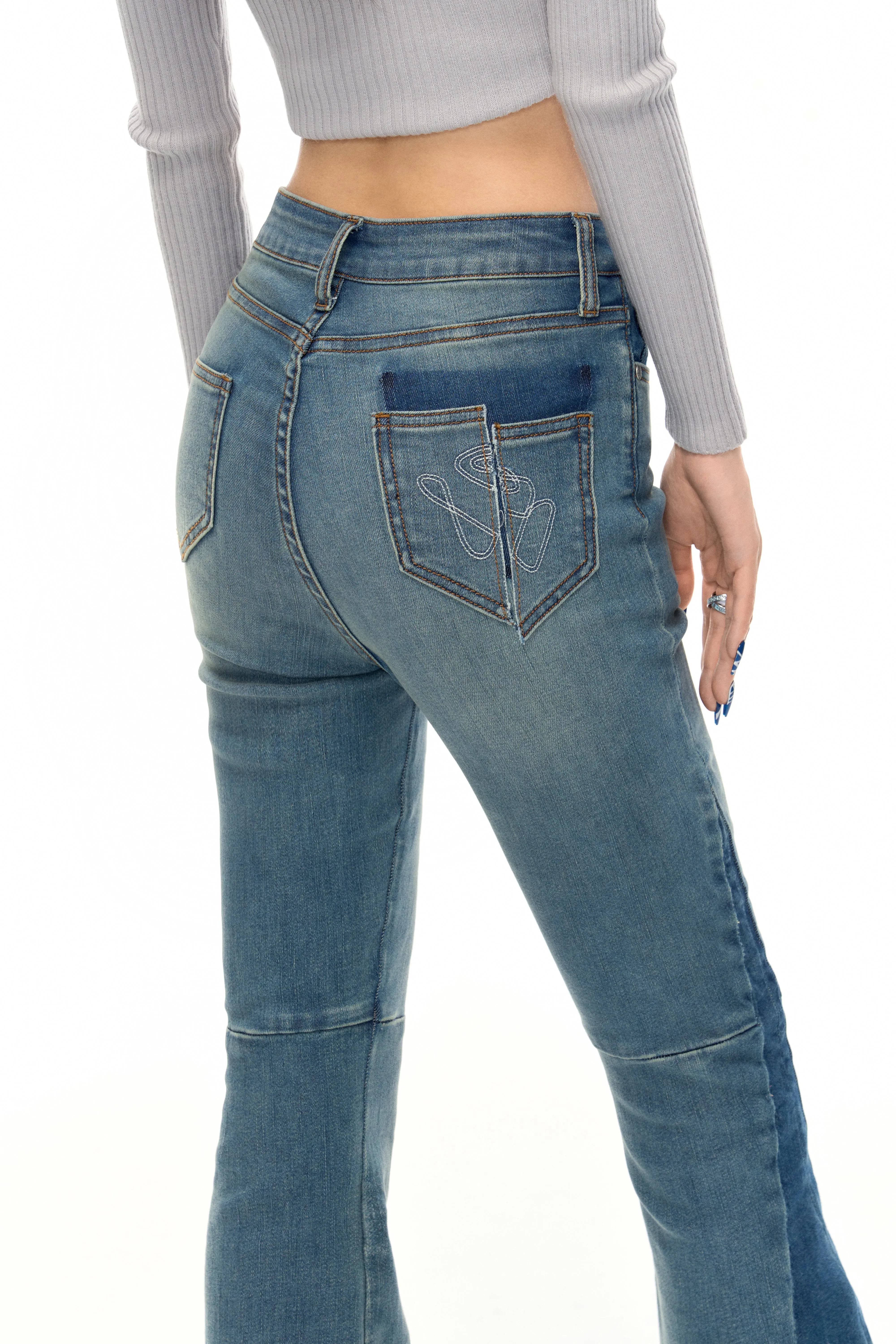 Parallel World Elastic Contrasting Colors Flared Jeans