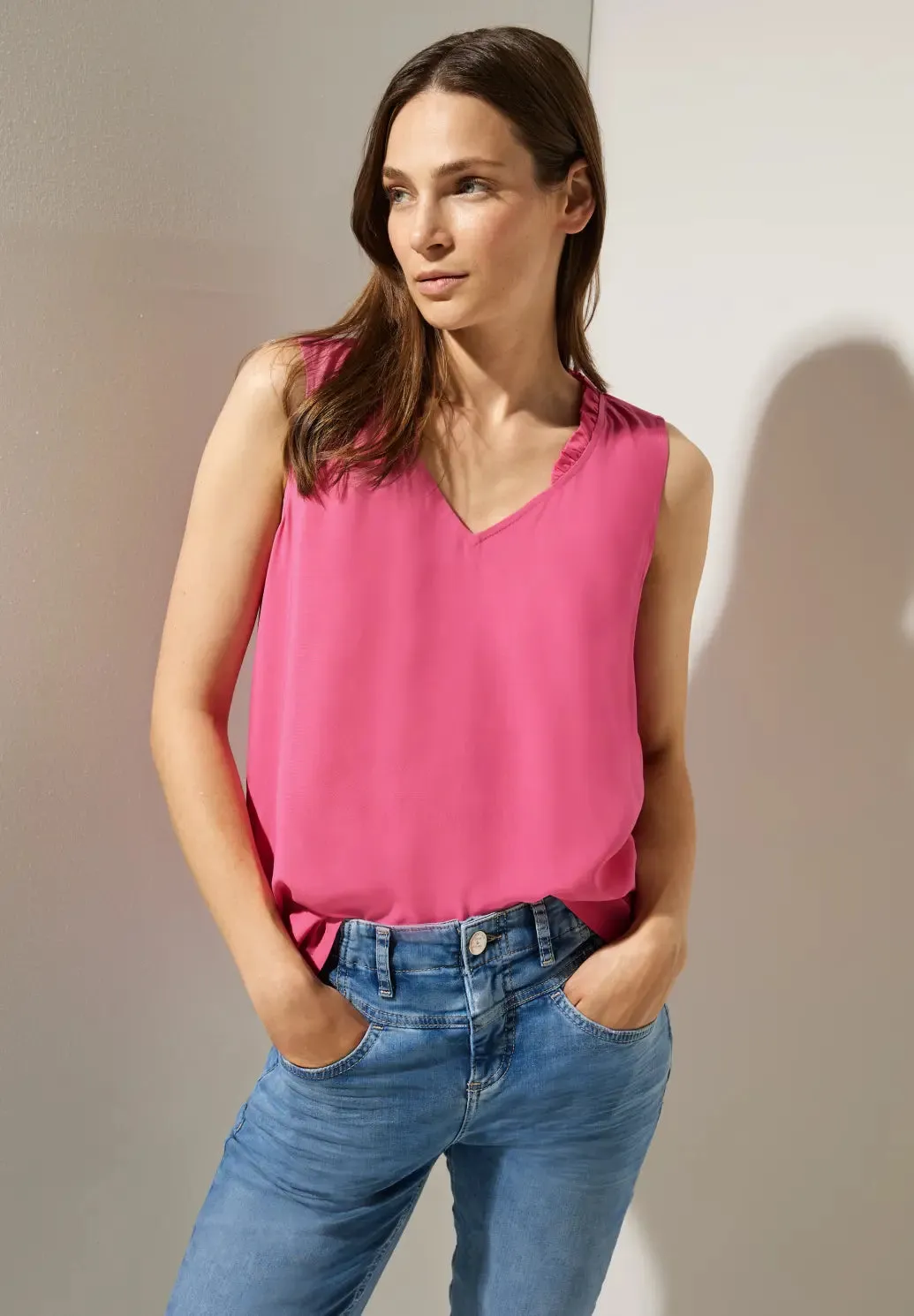 Pink v neck sleeveless blouse with frill detail Street One 344045 Pink