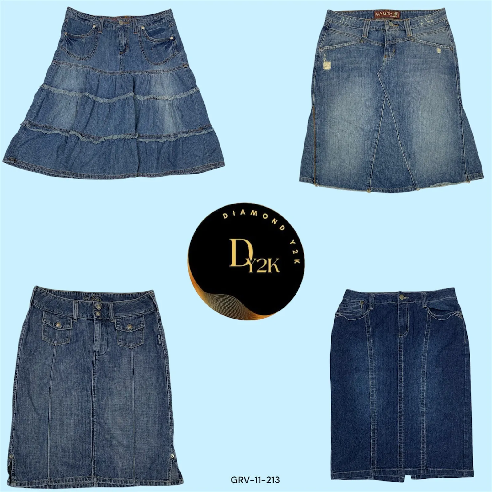 Retro Y2K Denim Midi Skirt – High-Waist, Flared Design (GRV-11-213)